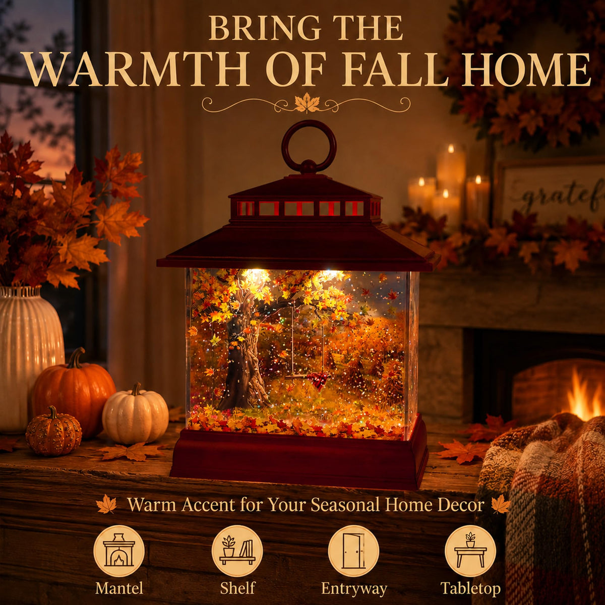 Fall Snow Globe Lantern, Musical Glitter, 6 Hour Timer, Autumn Home Decor