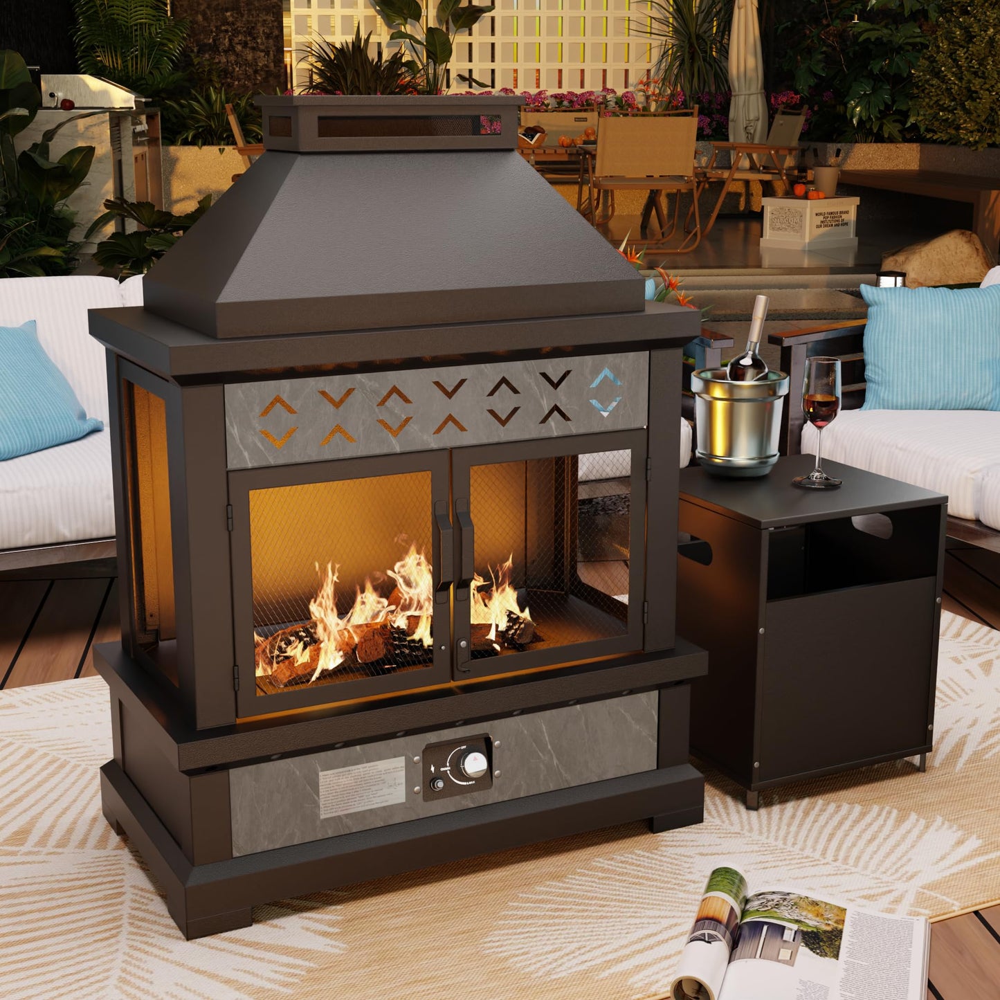 47.3''x35.5'' Outdoor Propane Fireplace, 50,000 BTU Vent-Free Gas Heater, CSA Certified Grey & Black Weather-Resistant Steel, Realistic Ceramic Logs, Rain Cover Included