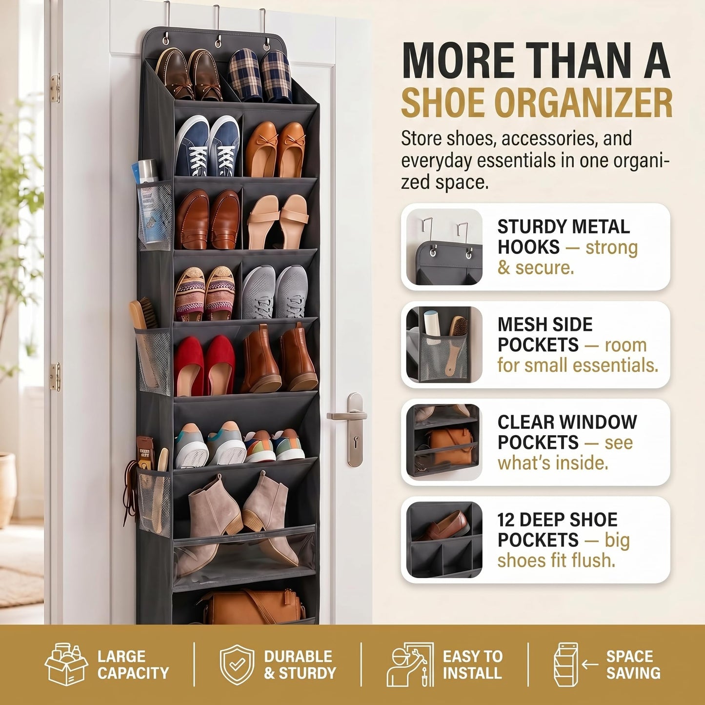 8 Tier Hanging Shoe Organizer – 100D Extra Thick Deep Pockets, Shoe Rack for Closet, Shoe Rack for Entryway, Over the Door Shoe Organizer for Closet with 6 Side Pockets for Boots (Dark Gray)