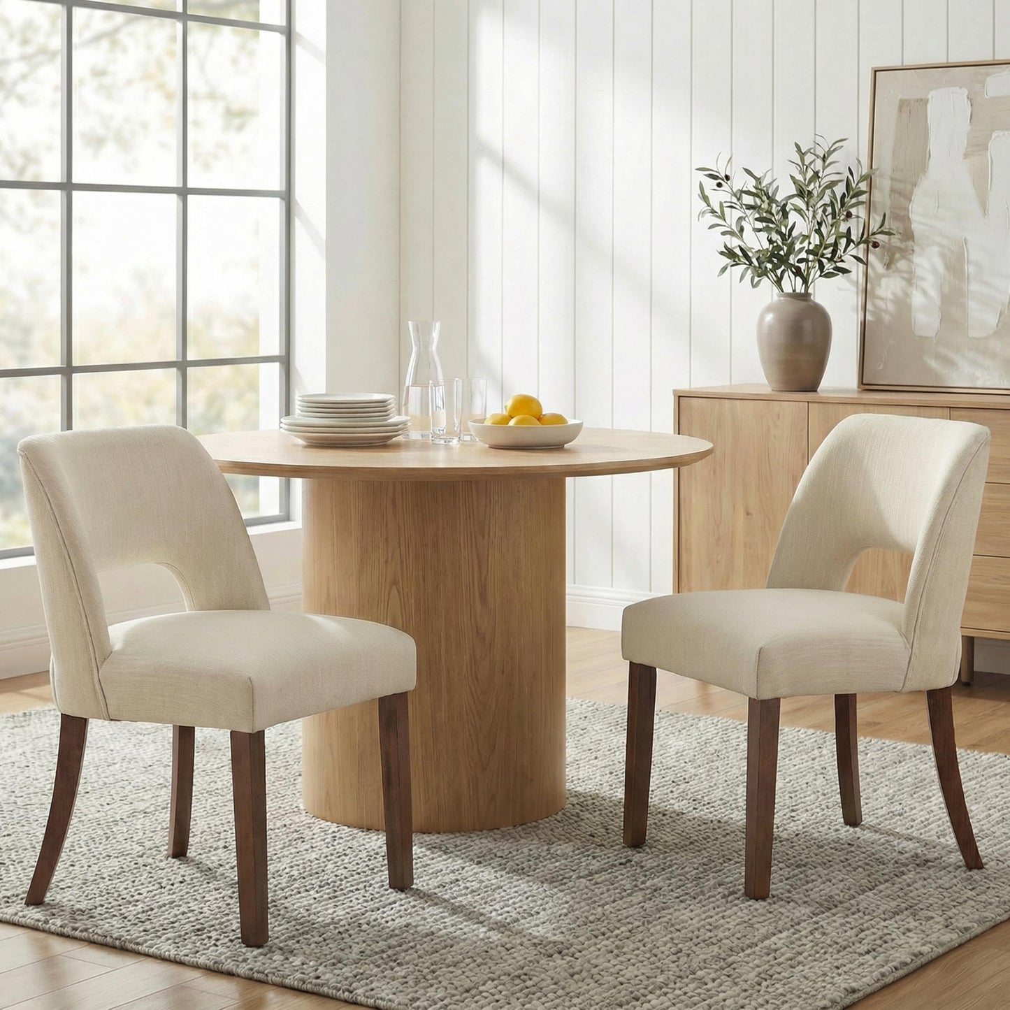 keoni Wooden Dining Chairs Set of 4, Mid Century Modern Upholstered Dining Room Chairs with Rubberwood Legs, Fabric Farmhouse Kitchen Chairs with Foot Pegs for Dining Room, Beige