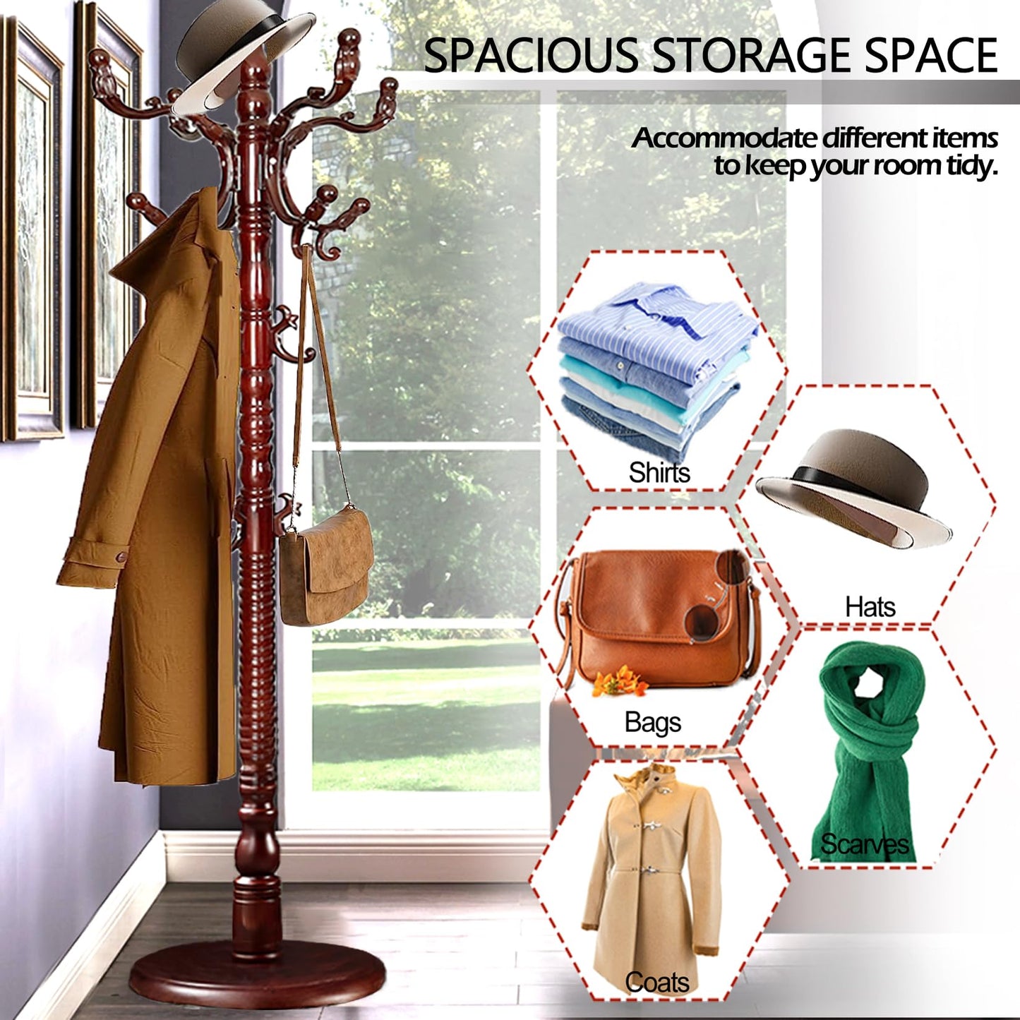 Sauqzoh Coat Racks Free Standing with 14 Hooks, Natural Wood Coat Stands for Entryway, Adjustable Height 73 in Tree Coat Rack Stand for Hallway Home Office Bedroom (Mahogany)