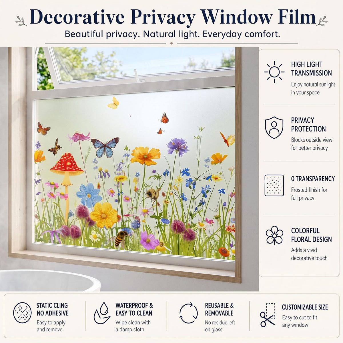 Static Cling Privacy Window Film, 78" x 17" Frosted Glass Covering with Wildflower & Botanical Patterns, Removable No Glue Window Film for Home Bathroom Bedroom Office (Wildflower 5)