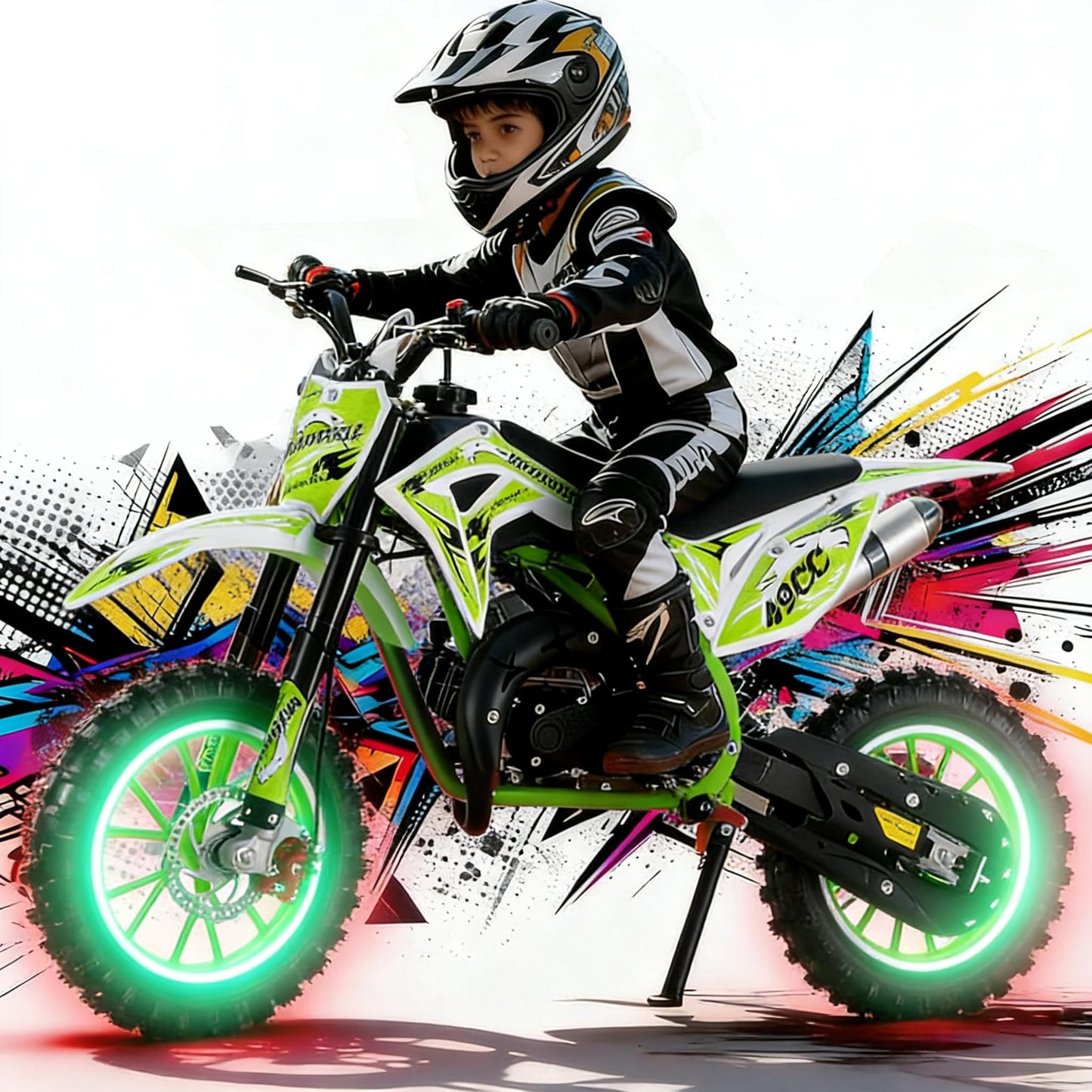 Upgraded 49cc Dirt Bike for Kids, Dirt Bikes 2-Stroke Dirtbike Dirtbikes motos, Gas Motorcycles with Front Rear Disc Brakes, Off-Road Tires, Shock Absorption, Soft Seat Cushion,40 MPH Green
