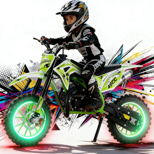 Upgraded 49cc Dirt Bike for Kids, Dirt Bikes 2-Stroke Dirtbike Dirtbikes motos, Gas Motorcycles with Front Rear Disc Brakes, Off-Road Tires, Shock Absorption, Soft Seat Cushion,40 MPH Green