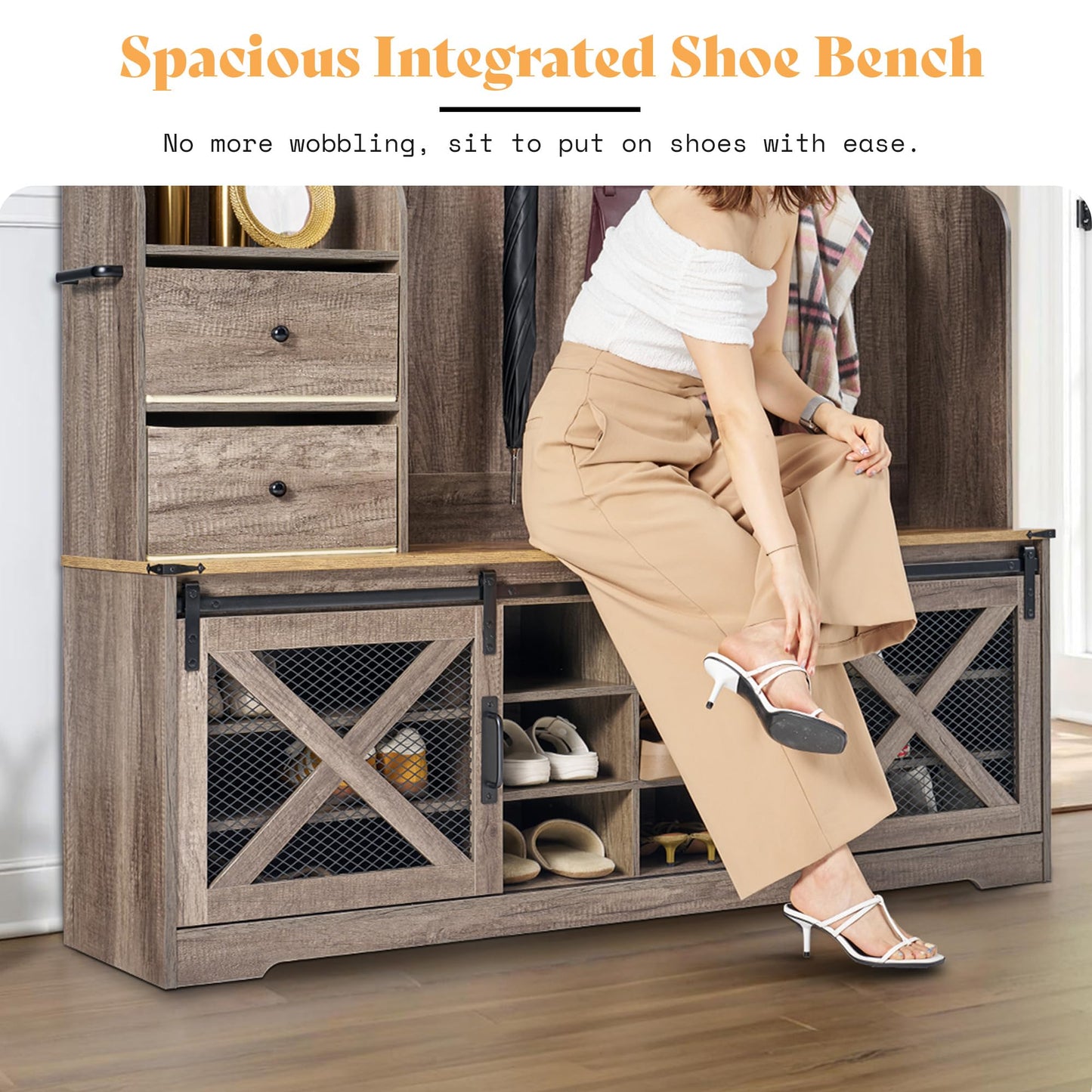 AMERLIFE 75" 7-in-1 Farmhouse Hall Tree with Shoe Bench & LED, Rustic Grey