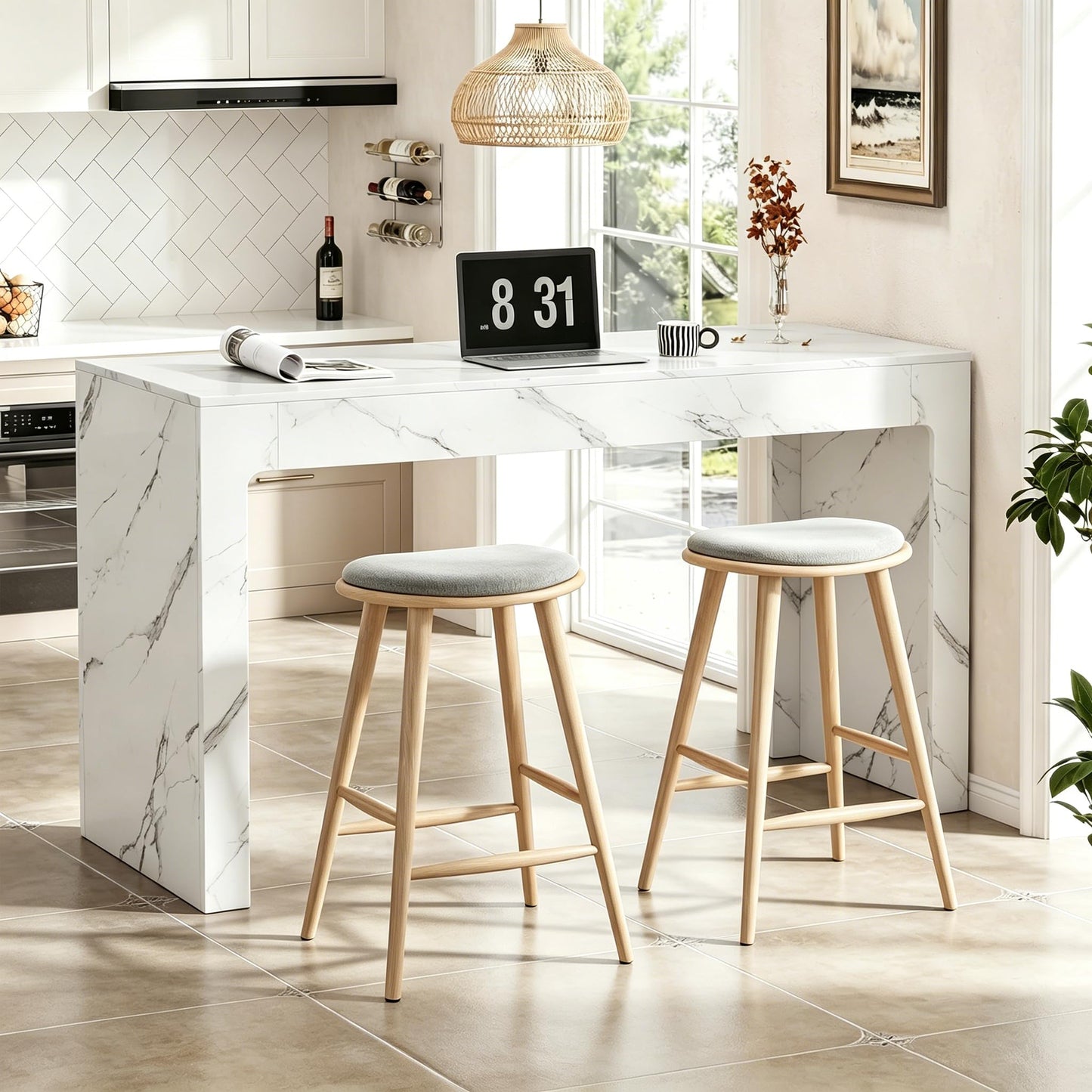 Miereirl 55” Bar Table，Modern Counter Height Pub Table, Long Bar Dining Table with Faux Marble Tabletop，Rectangular Home Bar Unit for 4-6 People, Kitchen, Living Room, Bar, Faux Marble