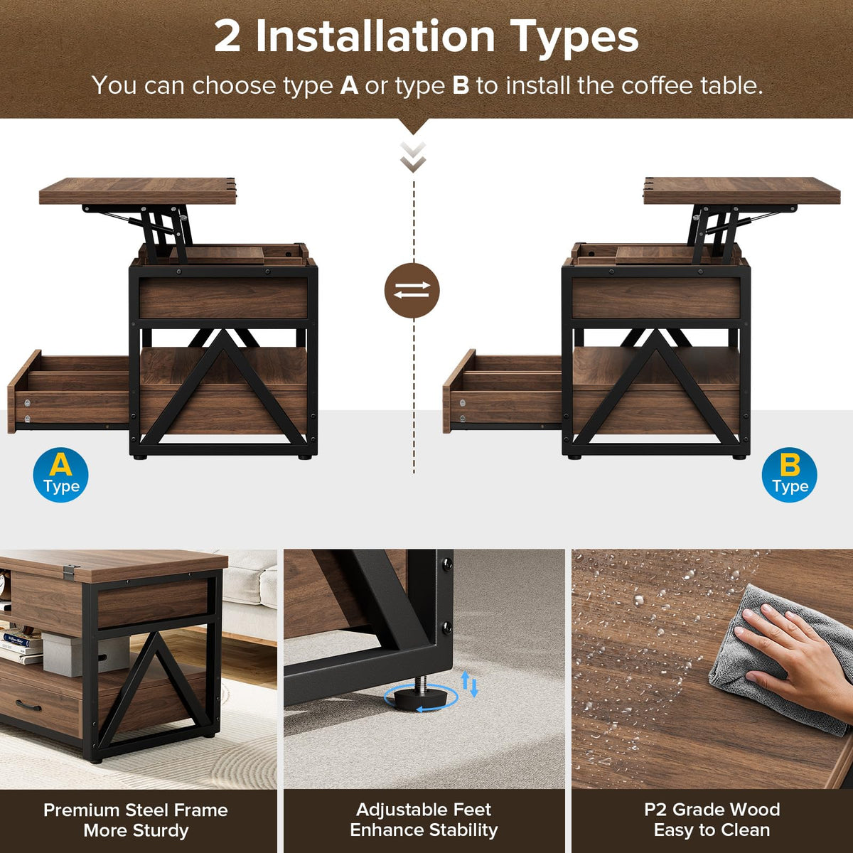 Memobarco 40" Lift Top Coffee Table with Storage,Walnut