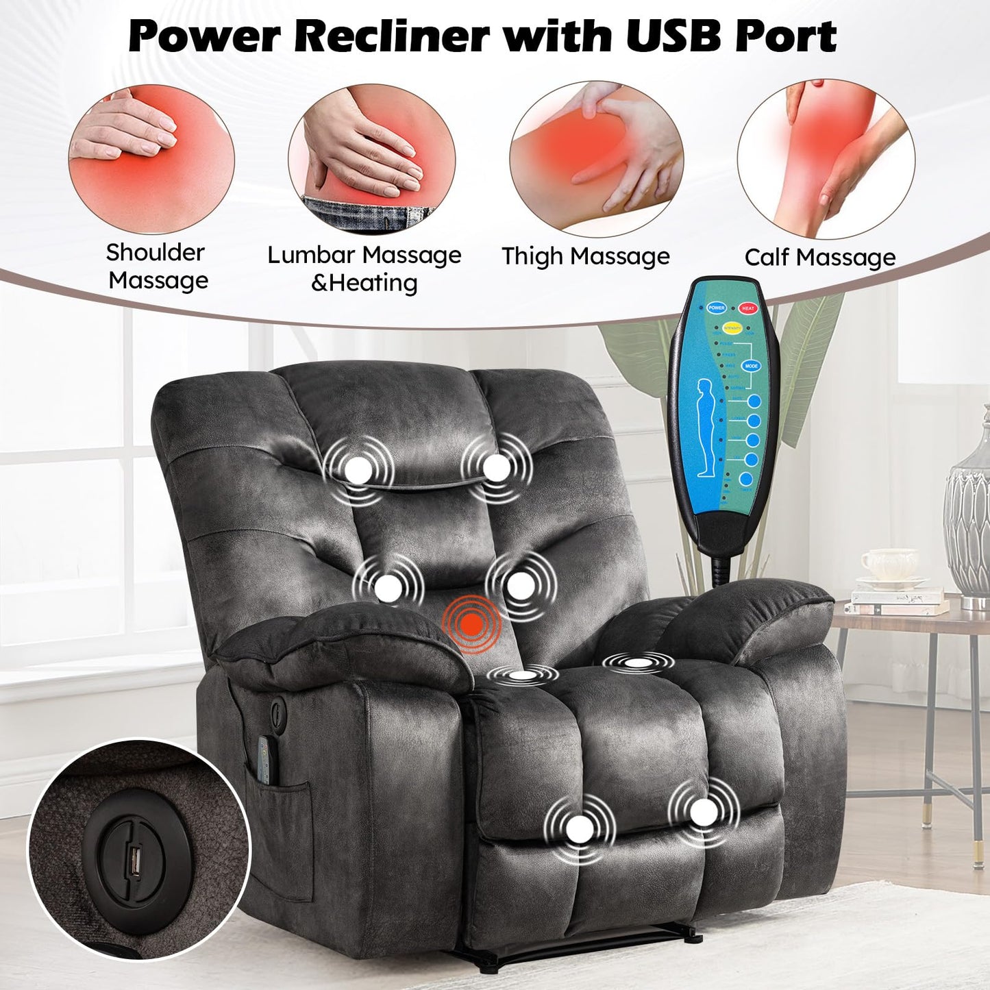 HAOMARKETS 3 Pieces Recliner Sofa Furniture Set, Include 2 Power Recliner Chairs with Message&Heat and a 3-Seater Reclining Couch for Living Room, Grey