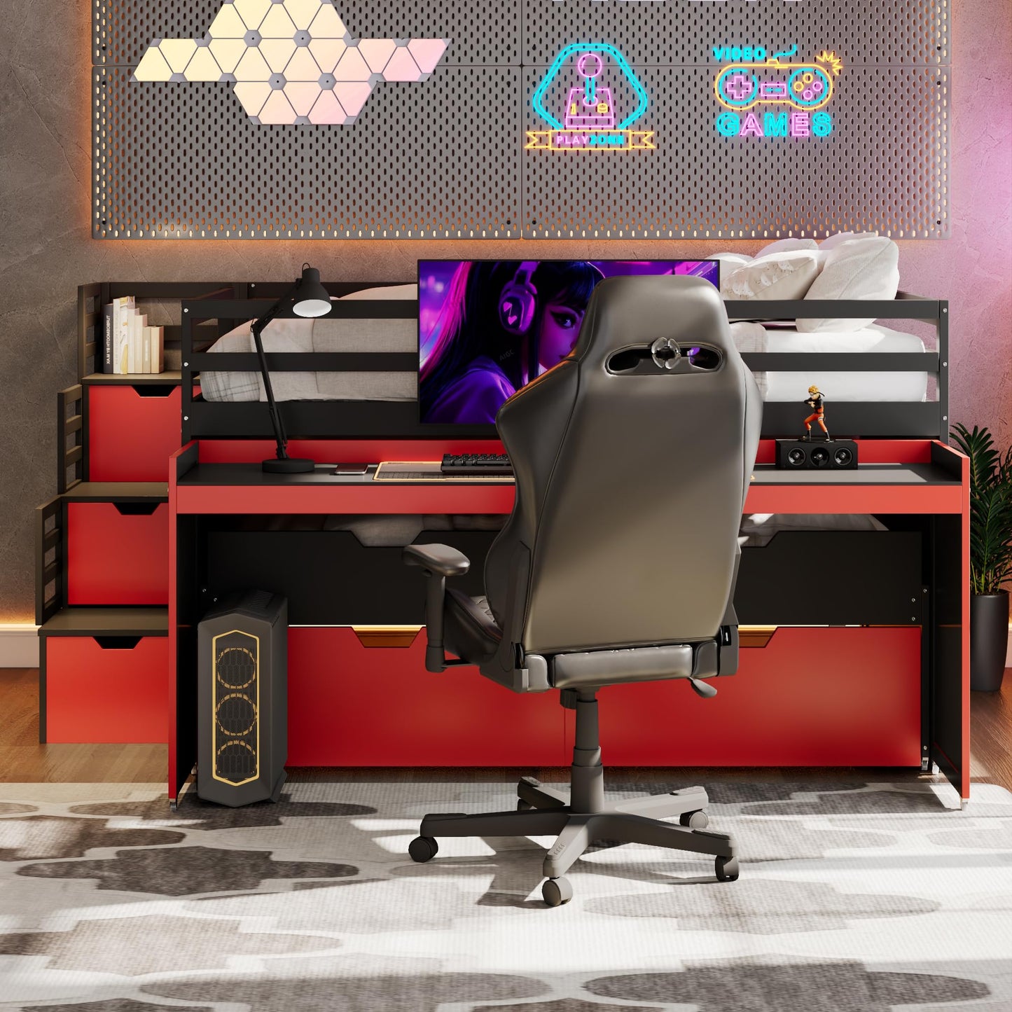 Virubi Full XL Loft Bed with Pull-Out Desk and Twin Trundle, Multi-Functional Bunk Bed with Storage Steps & 2 Drawers, Space-Saving Gaming & Workstation Bedframe (Black+Red, Full XL)