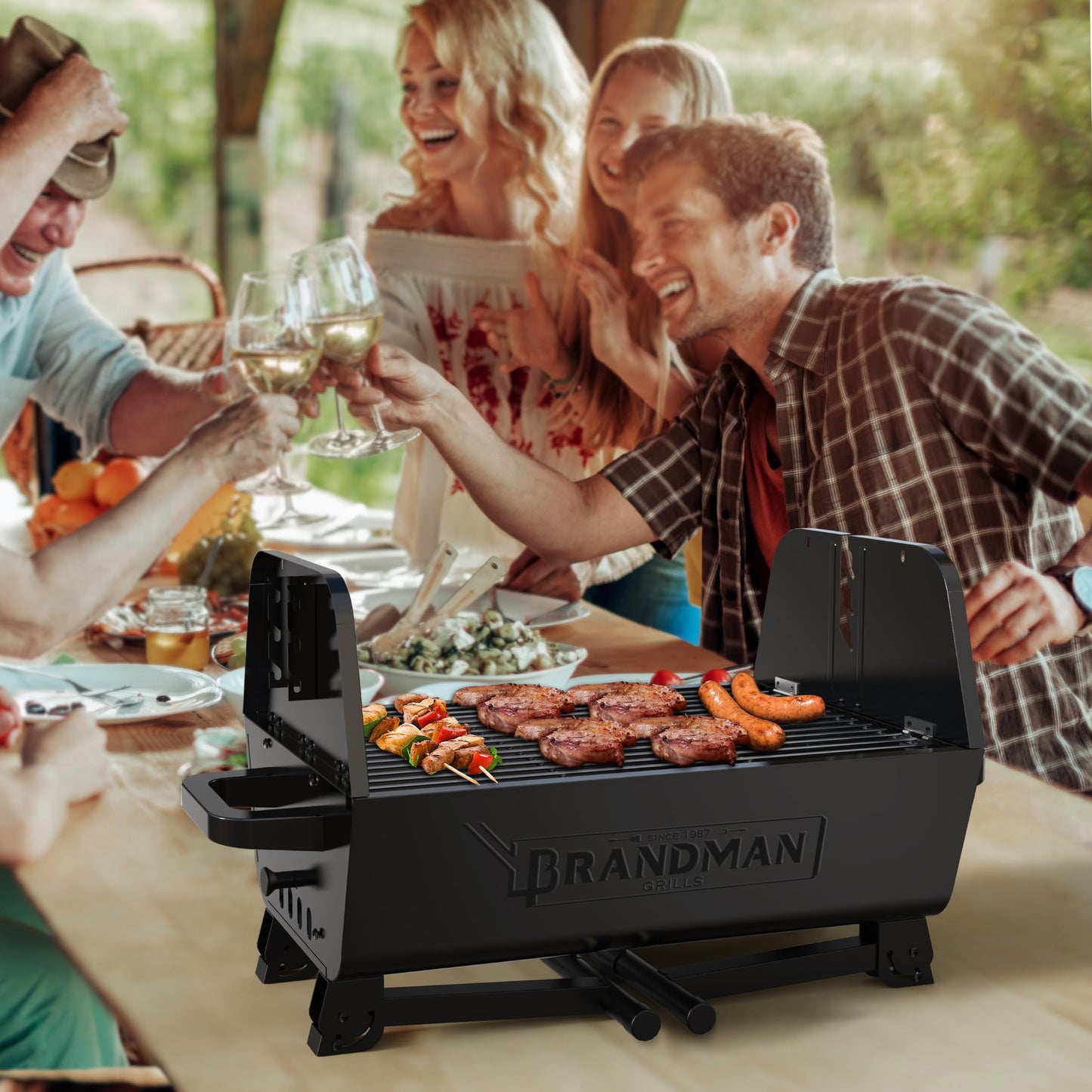BRANDMAN GRILLS SINCE 1987 2 in 1 Portable Charcoal BBQ Rotisserie Grill with Motorized Kit Folding BBQ Grill 257 sq.in. Porcelain Enameled Grate Lightweight for Backyard Outdoor Camping