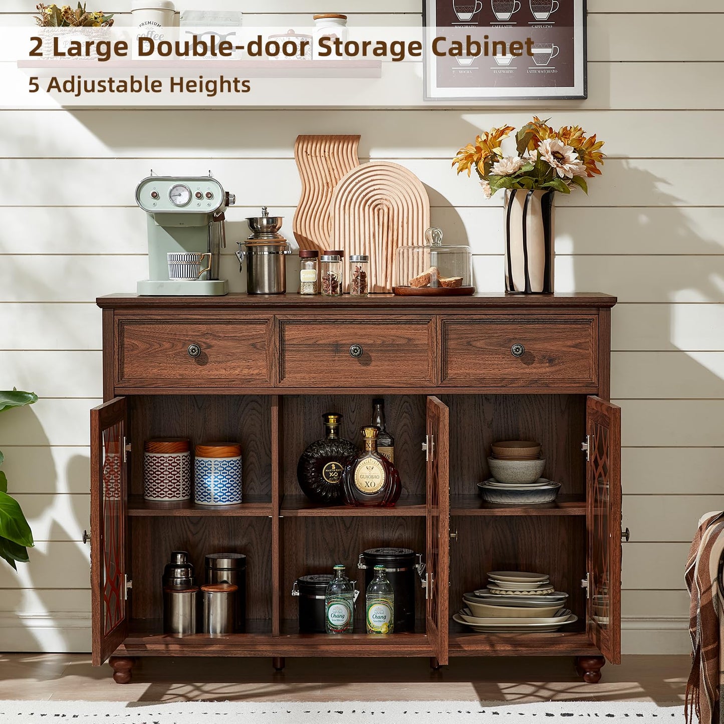 Joaxswe Farmhouse Sideboard Buffet Cabinet with Storage,48" Large Credenza with 3 Glass Doors & 3 Drawers,Adjustable Shelves Console Table,Wood Kitchen Coffee Bar for Dining Room,Living Room,Brown