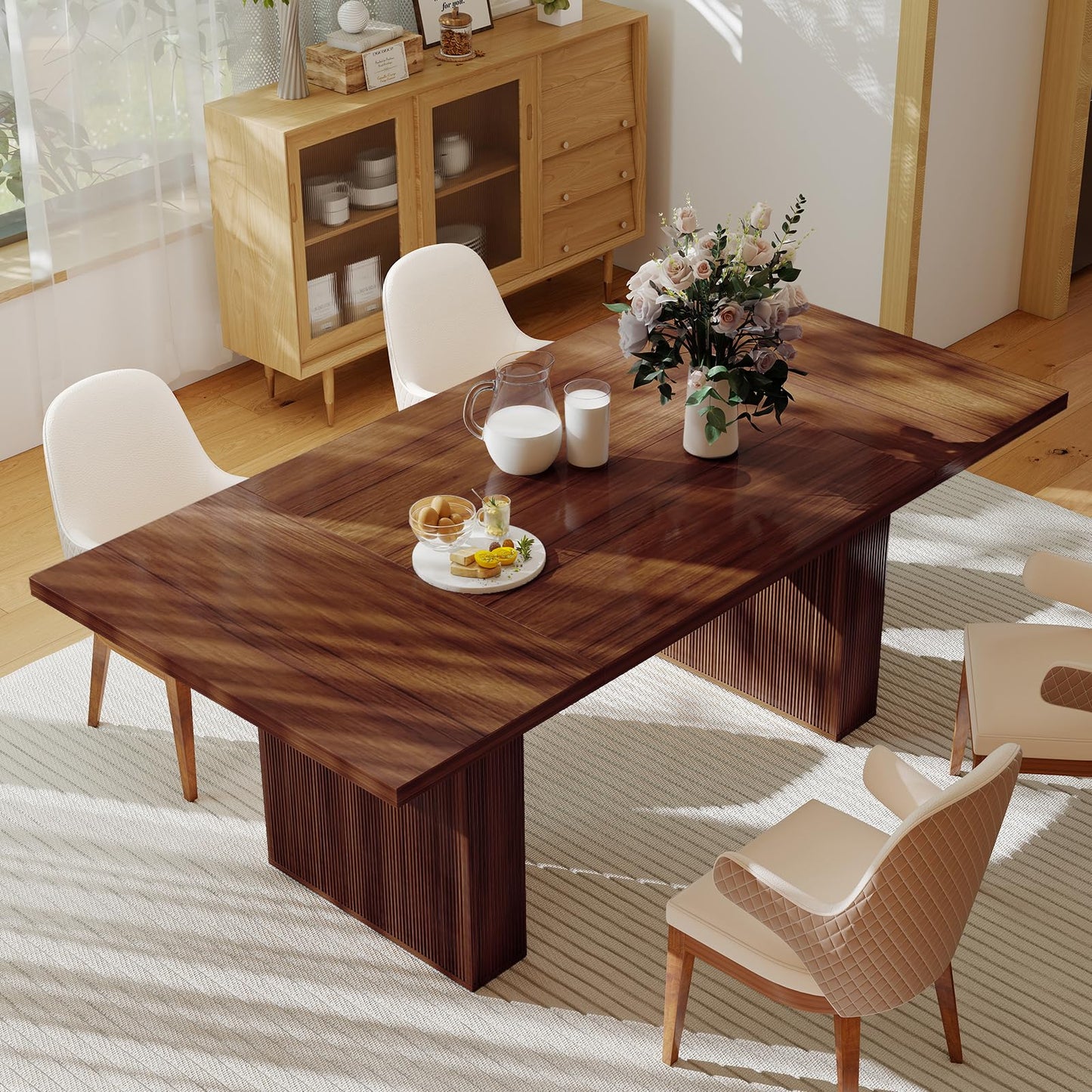 Miereirl 78 Inch Rectangular Dining Table for 6-8 People, Large Modern Farmhouse Kitchen Table with Grooved Wood-Strip Base, Perfect for Dining Room or Family Gathering, Walnut