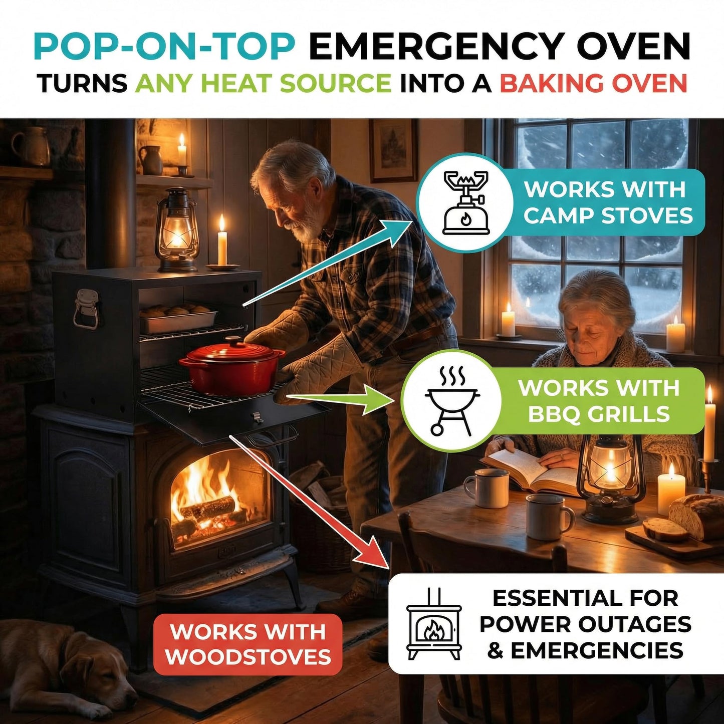 Camping Oven - Pop-On-Top Full Size Baking Oven for Outdoor, RV, Tent Camping, Preppers, Emergency.