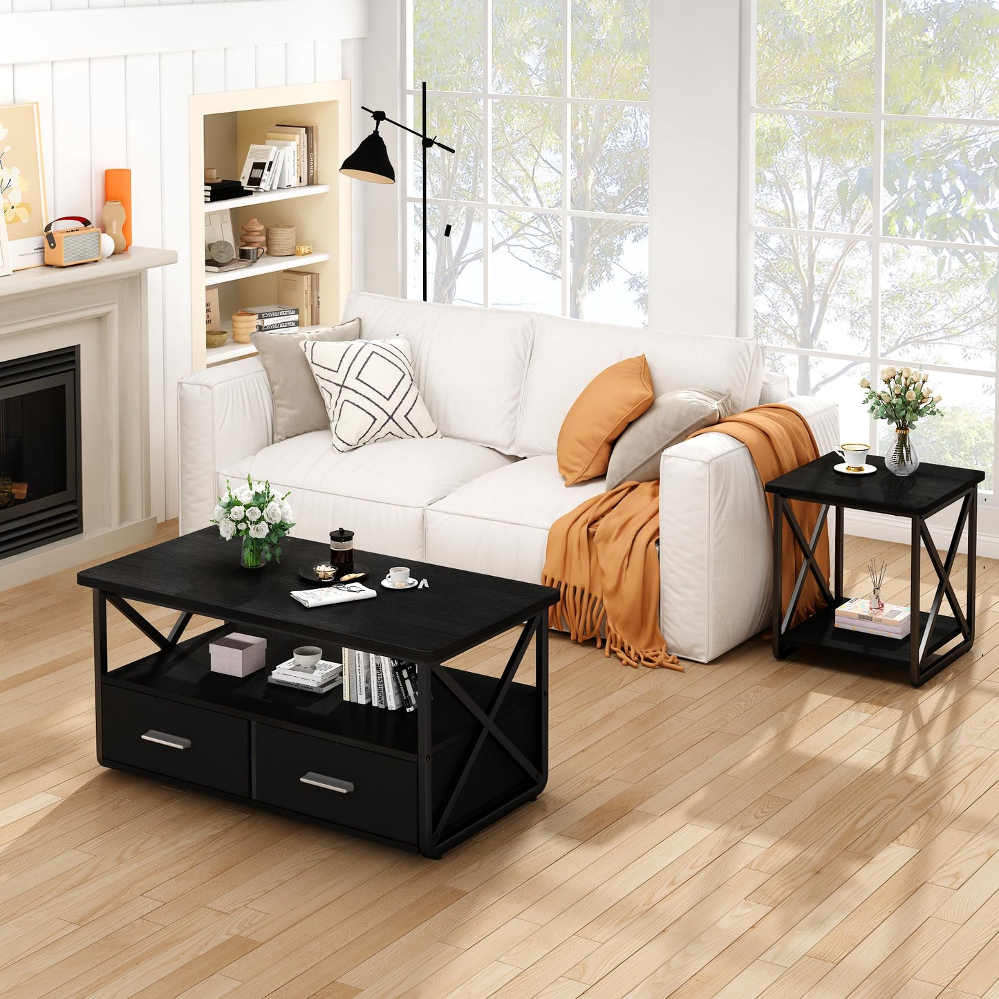 DKLGG 3 Piece Coffee Table Set for Living Room with Fabric Drawers and Storage Shelves, Rustic Wood and Metal Frame, Industrial Farmhouse Table with 2 End Tables for Small Spaces, Apartment, Black