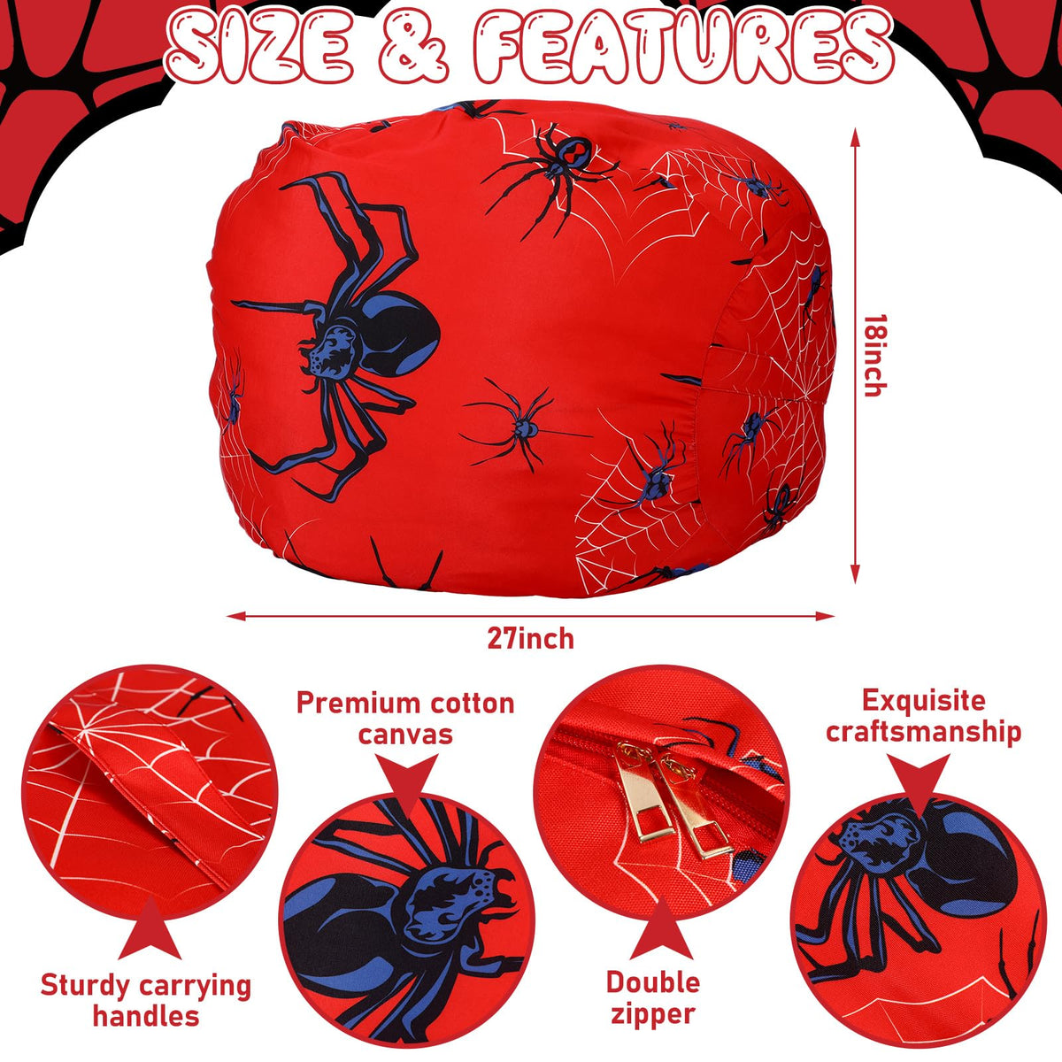 Boao Stuffed Animal Storage Bean Bag Cover (1, Spider, 27 Inches)