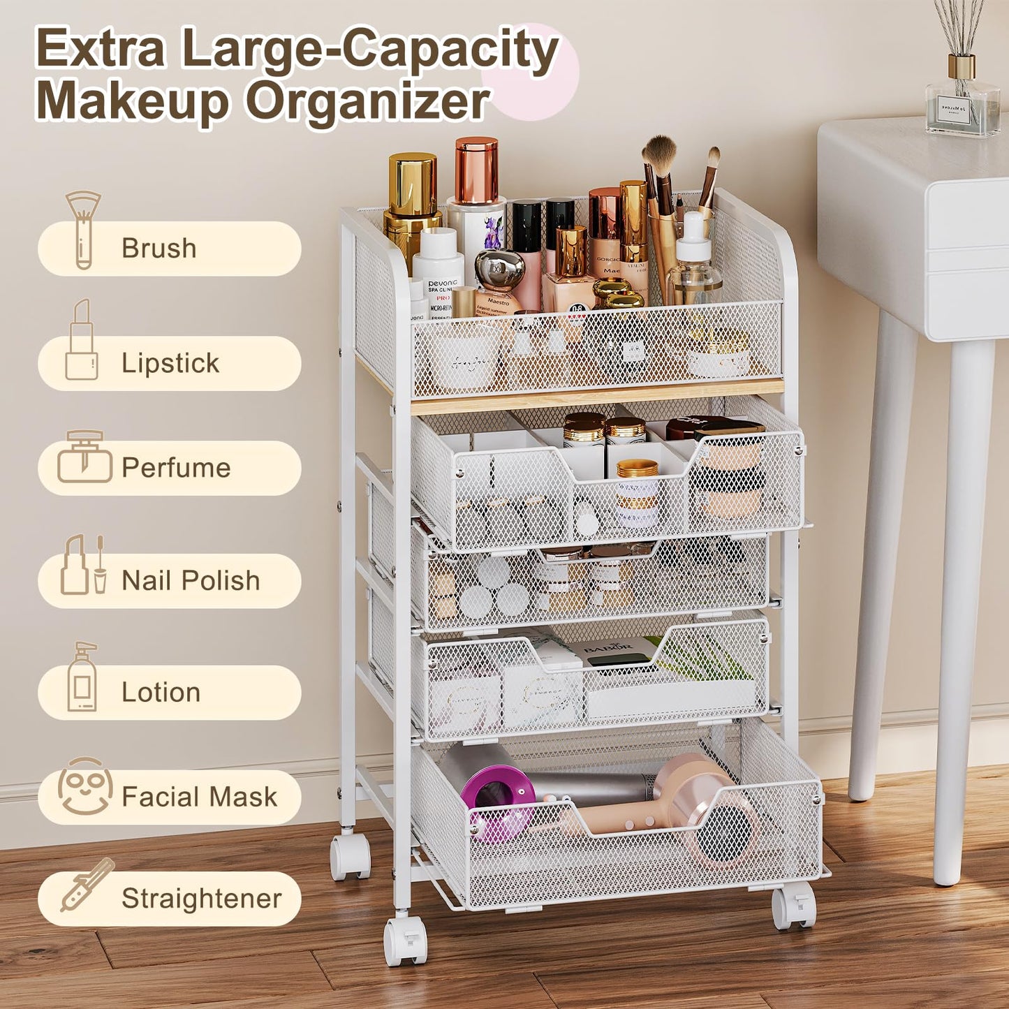 Hongtamoya Makeup Cart Organizer with 4 Drawers, Large Floor Skincare Organizers, Vanity Storage Organizer Cosmetics Display Cases for Skin Care Perfume Nail Polish, White