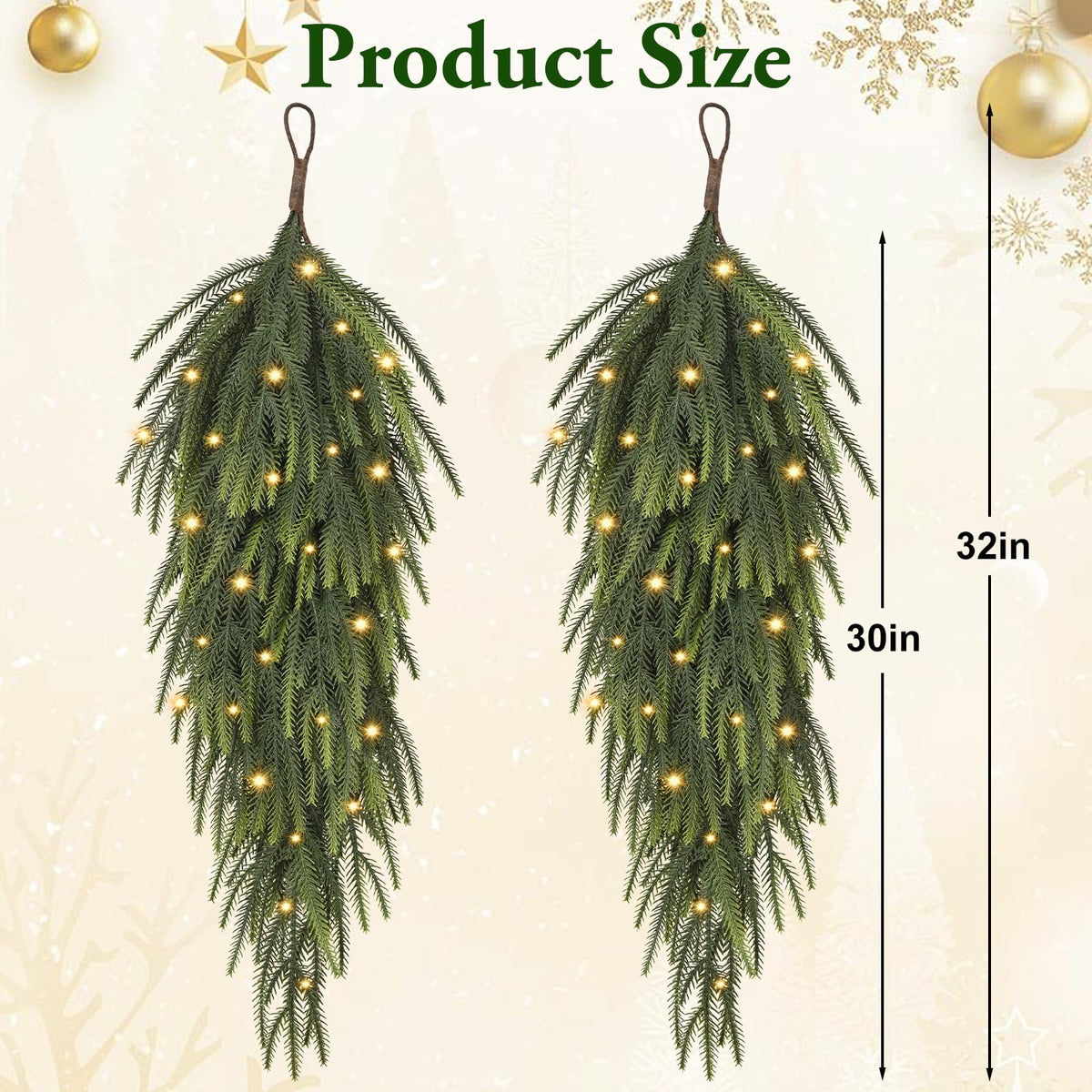 2 Pcs 30” Length Artificial Norfolk Pine Christmas Teardrop Swag with Light