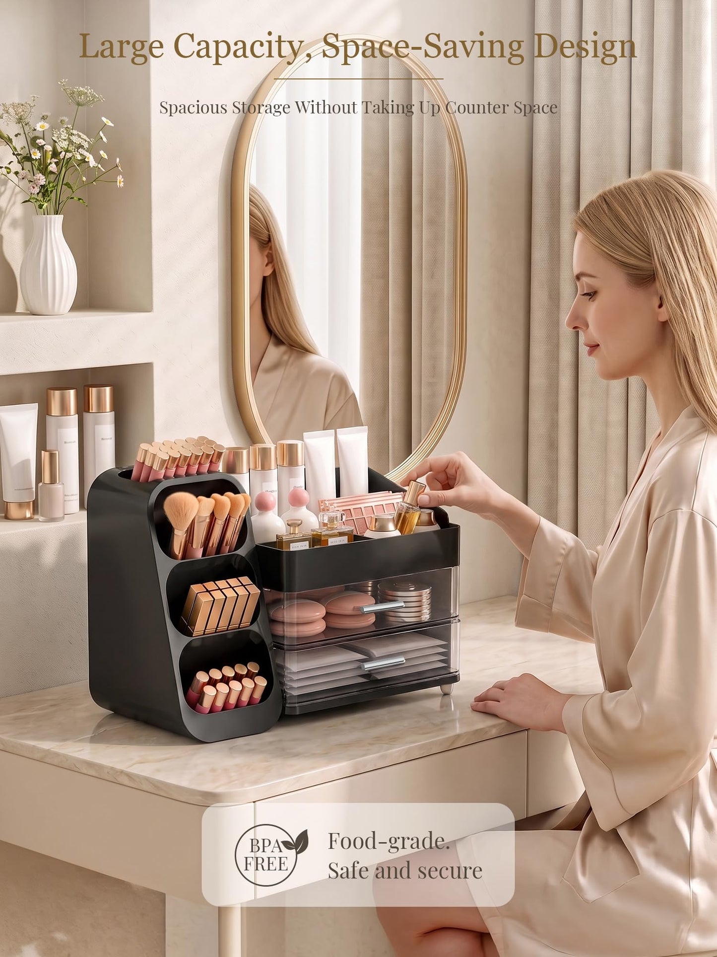 Booklov Large Makeup Organizer for Vanity Countertop, Black