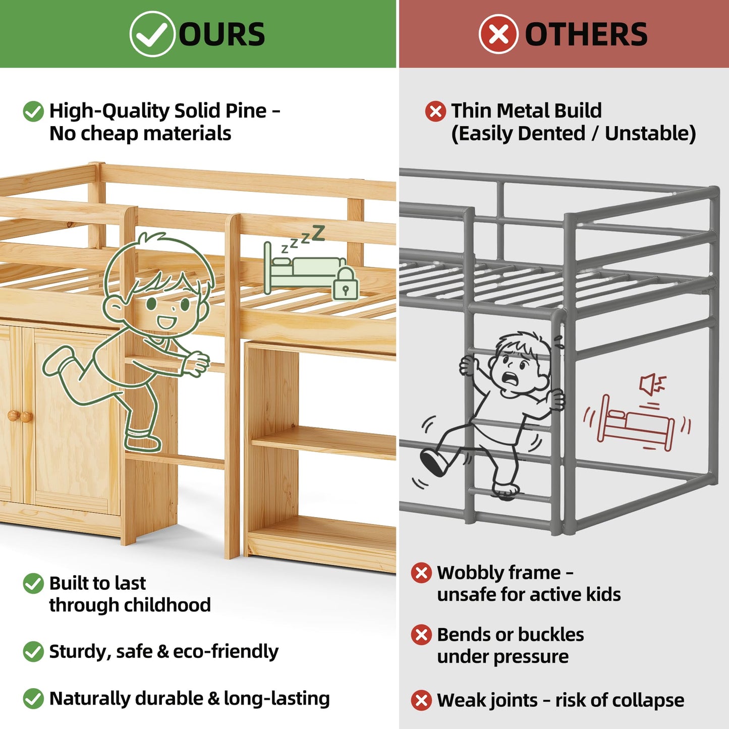 TOLEAD Wood Low Loft Bed Twin Size with Storage Cabinet, Shelf and LED Lights, Wooden Kids Loft Bed with 14" H Safety Guardrail, Ladder and Under-Bed Play Space, Natural Wood