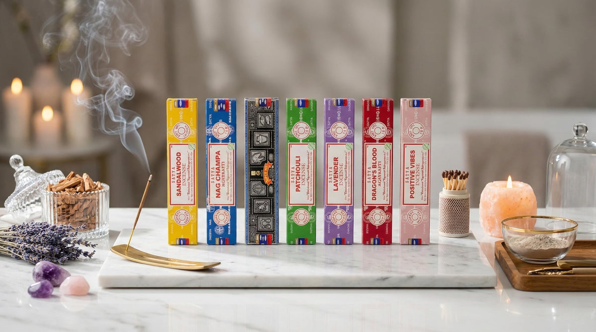 Satya Incense Gift Set Nag Champa, Super hit, Dragon's Blood, Sandalwood, Patchouli, Lavender, Positive Vibes, 15 g