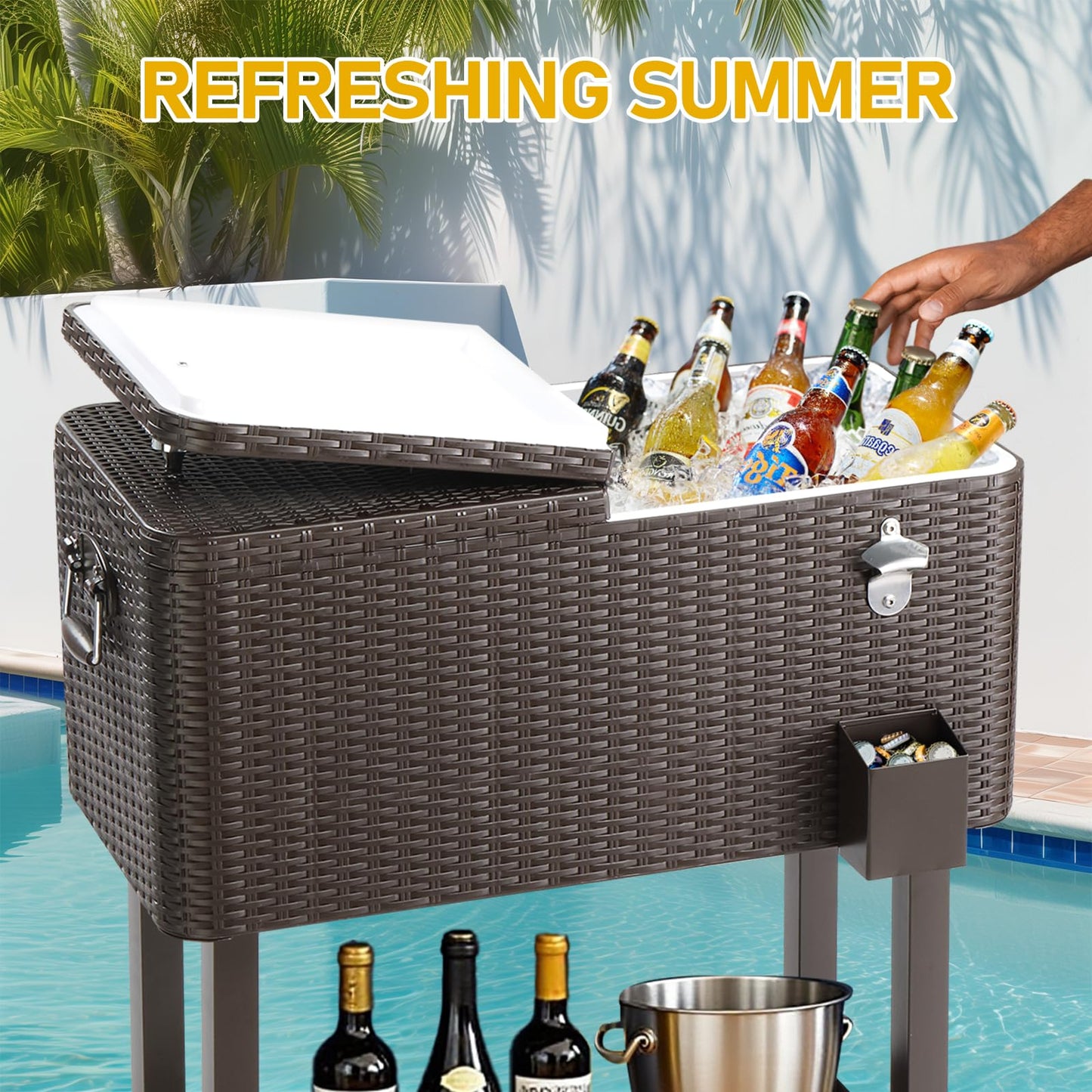 Outvita 80 Quart Rolling Ice Chest, Portable Bar Drink Cooler with Catch Basin, Bottom Storage Tray and Bottle Opener for Patio Party BBQ Beach Activities (Rattan)