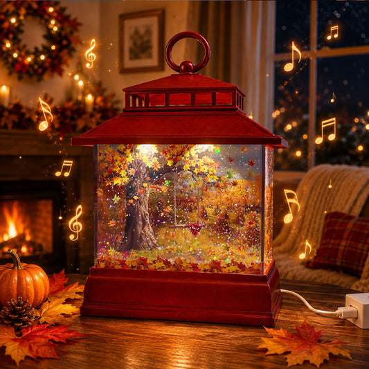 Fall Snow Globe Lantern, Musical Glitter, 6 Hour Timer, Autumn Home Decor