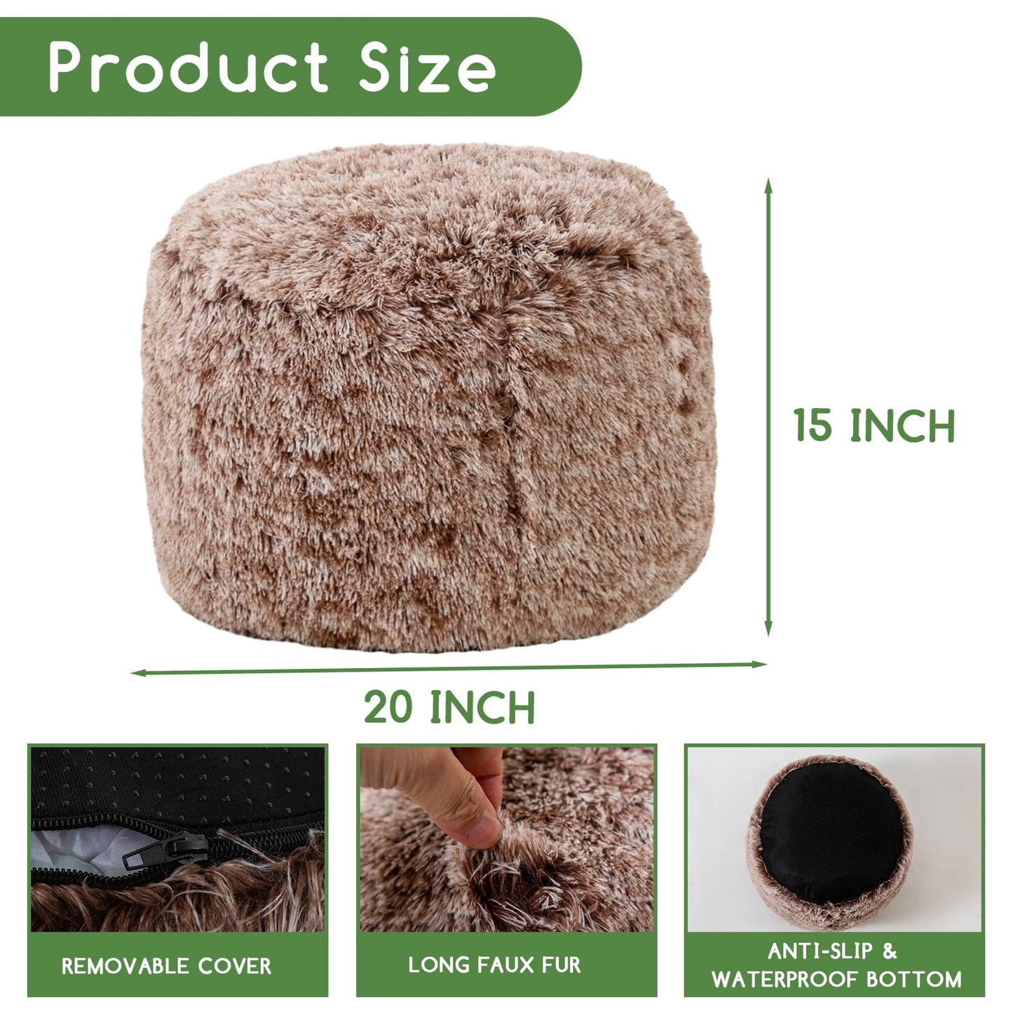 HIGOGOGO Round Stuffed Pouf Ottoman, Long Faux Fur Poufs with Foam Chunk Filling, Fluffy and Furry Pouf Foot Stool Storage Ottoman, 20 X 15 Floor Poufs Foot Rest for Living Room, Snow Coffee