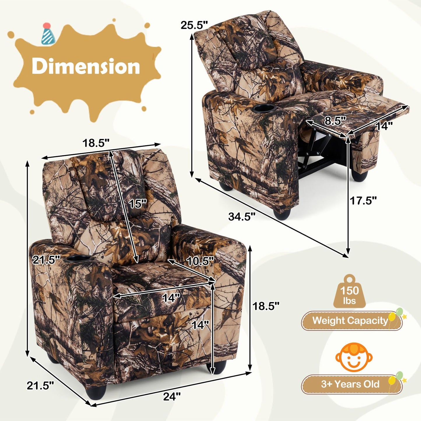 Costzon Kids Recliner Chair with Cup Holder, Toddler Adjustable Lounge Chair w/Footrest for Boys Girls Room, Ergonomic Baby Child Furniture Sofa for Age 3+ Gifts, Kids Mini Recliner up to 150 lbs