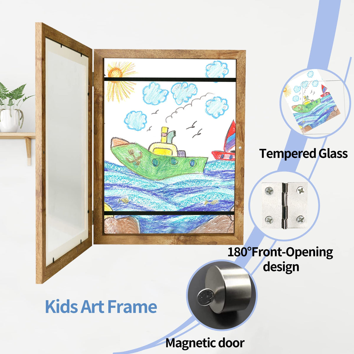iRahmen Kids Art Frames 8.5x11 Set of 2 - Front Opening Childrens Picture Frame Changeable, Wood Artwork Display Storage for Wall Mount, Magnetic Door Holds 50 Art Pieces for Drawings, 3D Picture, Crafts, Portfolio, Brown