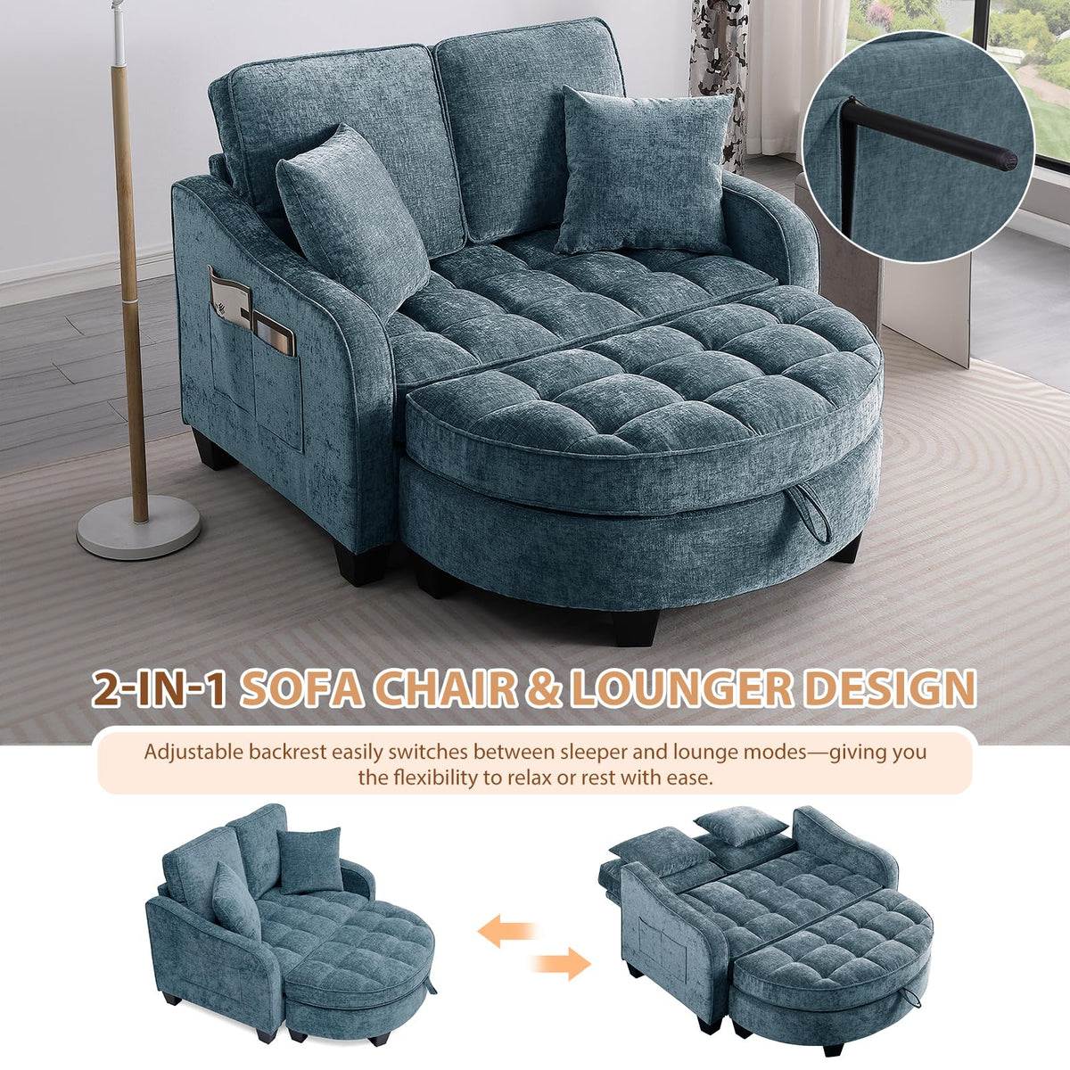 GEEVIVO Oversized Chaise Lounge Chair Indoor with Curved Ottoman, Blue