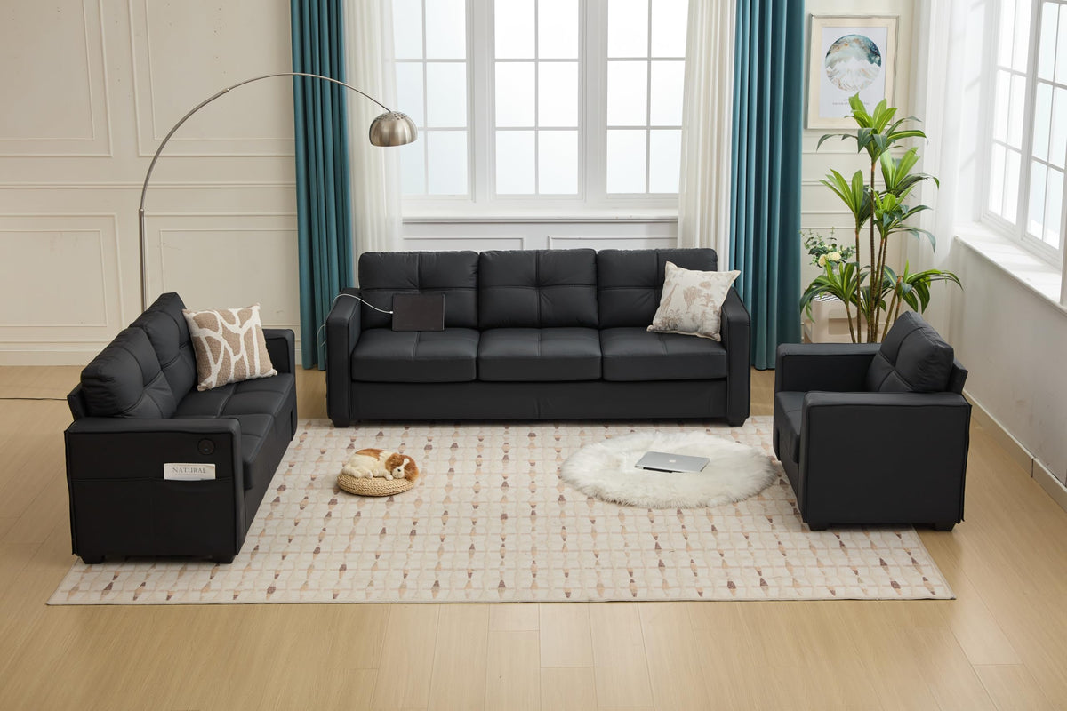 Black Faux Leather Sectional Couch, 3-Piece Sofa Set for Living Room