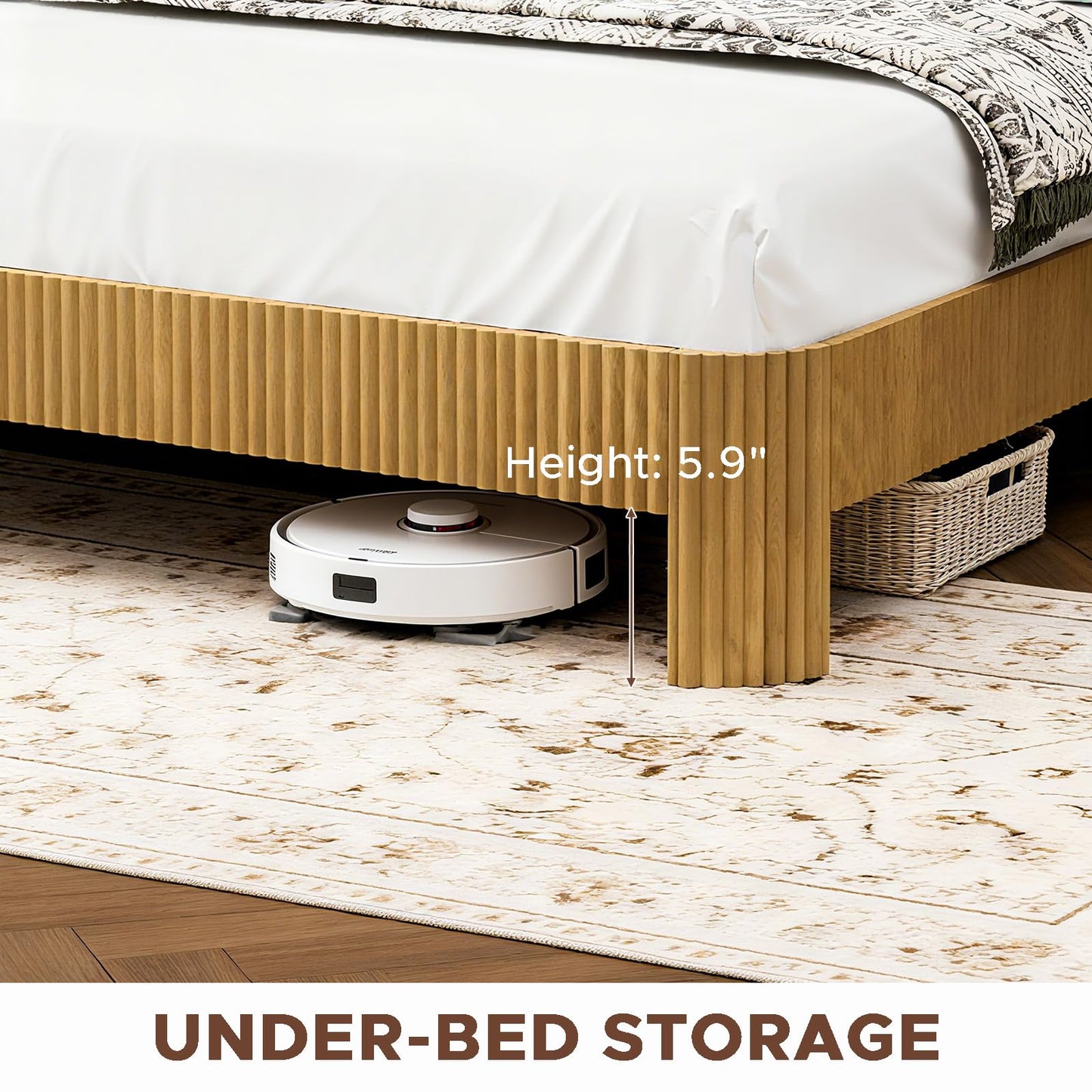 Rumiiro Full XL Size Bed Frame with Fluted Headboard Storage, USB/Outlets, Quiet Metal Slats, No Box Spring, Natural Oak
