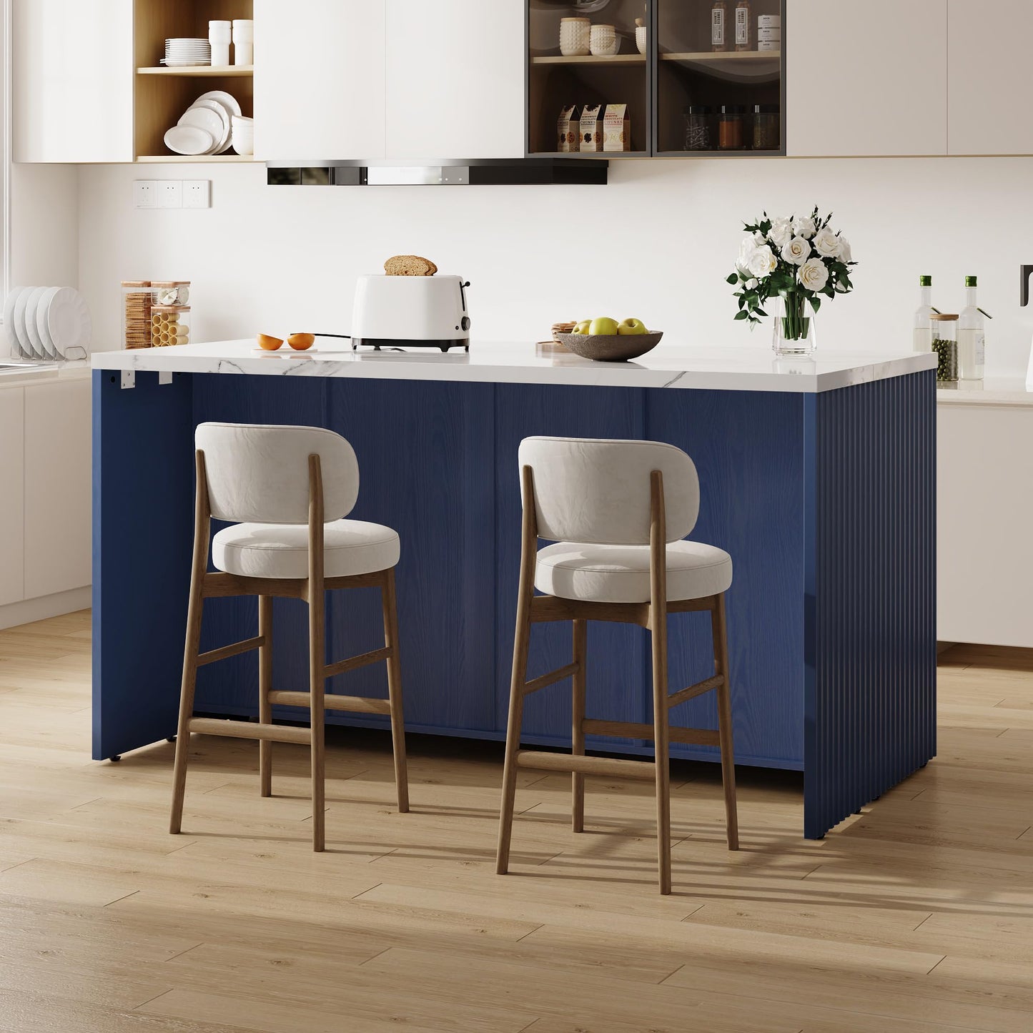 LIKIMIO 59" Kitchen Island with Power Outlet & Hidden Trash can Storage, Faux Marble Island Table with Seating Area, 3-Tier Spice Rack, 3 Drawers, 2-Tier Cabinet, Rolling Kitchen Cart on Wheels, Blue