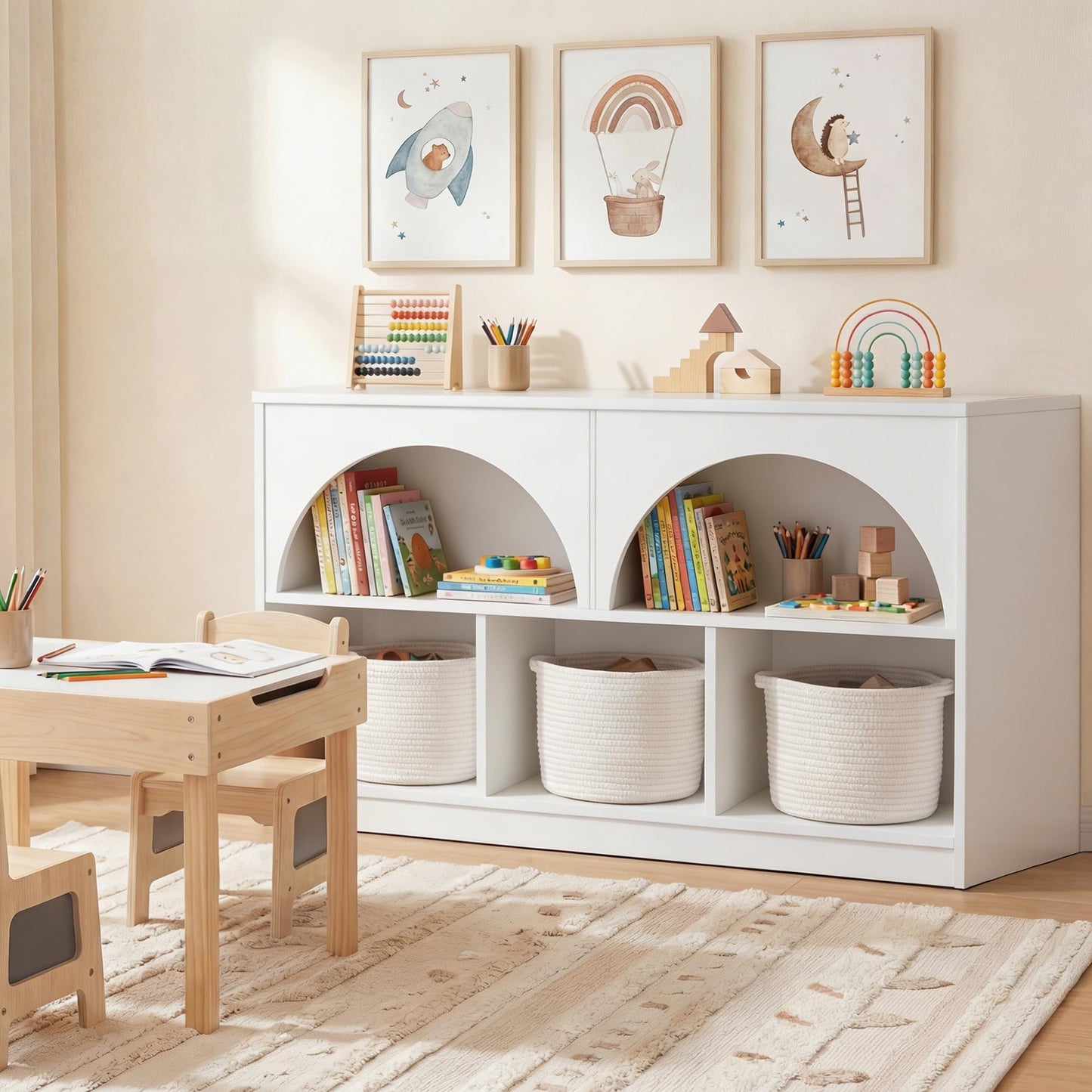 Fatmok 2-Shelf Bookcase Set of 2, Arched Design Wooden Toy Storage Organizer and Storage for Books Toys, 5-Section Montessori Bookshelf for Kids Rooms, Playroom, Nursery, Kindergarten (White)