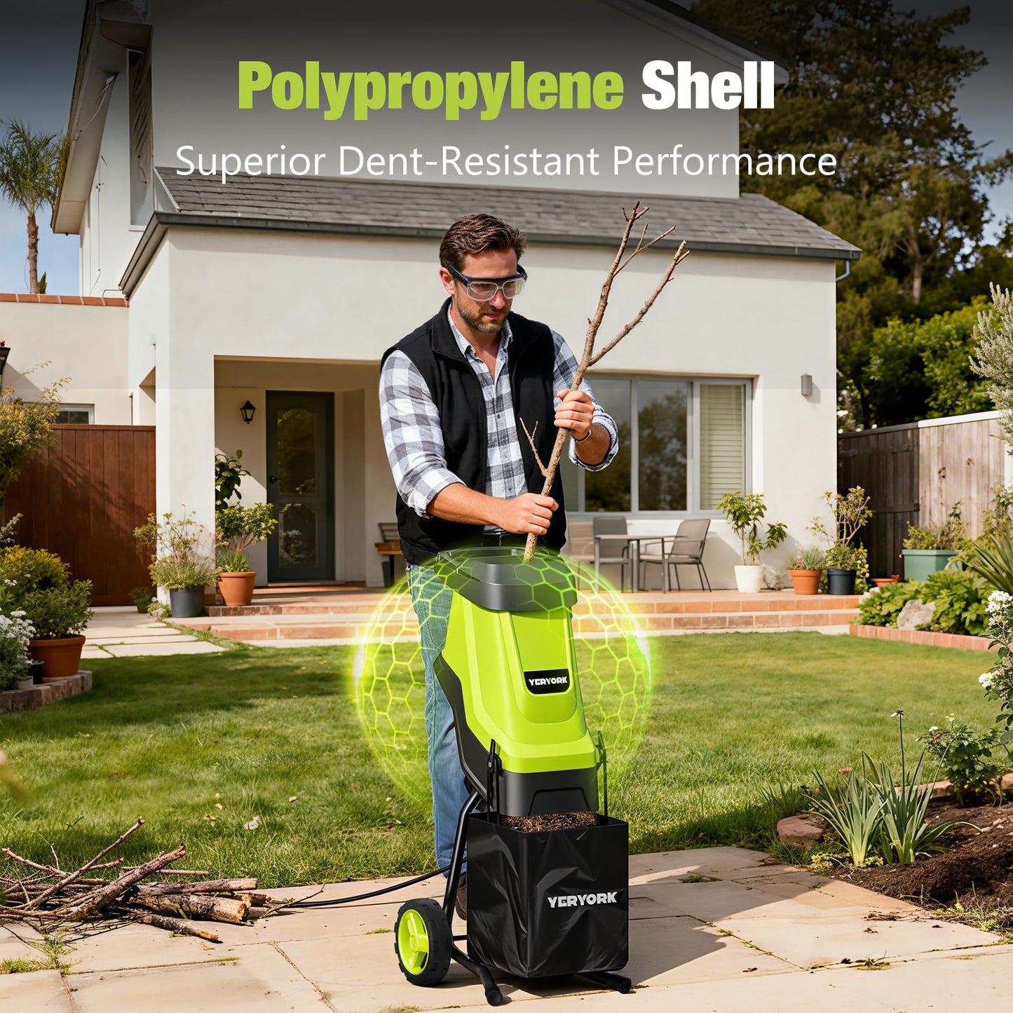 Yeryork Wood Chipper, 15-Amp 1.8" Cutting Diameter Electric Wood Chipper & Shredder with 50L Collection Bag, Efficient Mulcher for Easy Clean up Ideal for Yard Waste and Branches