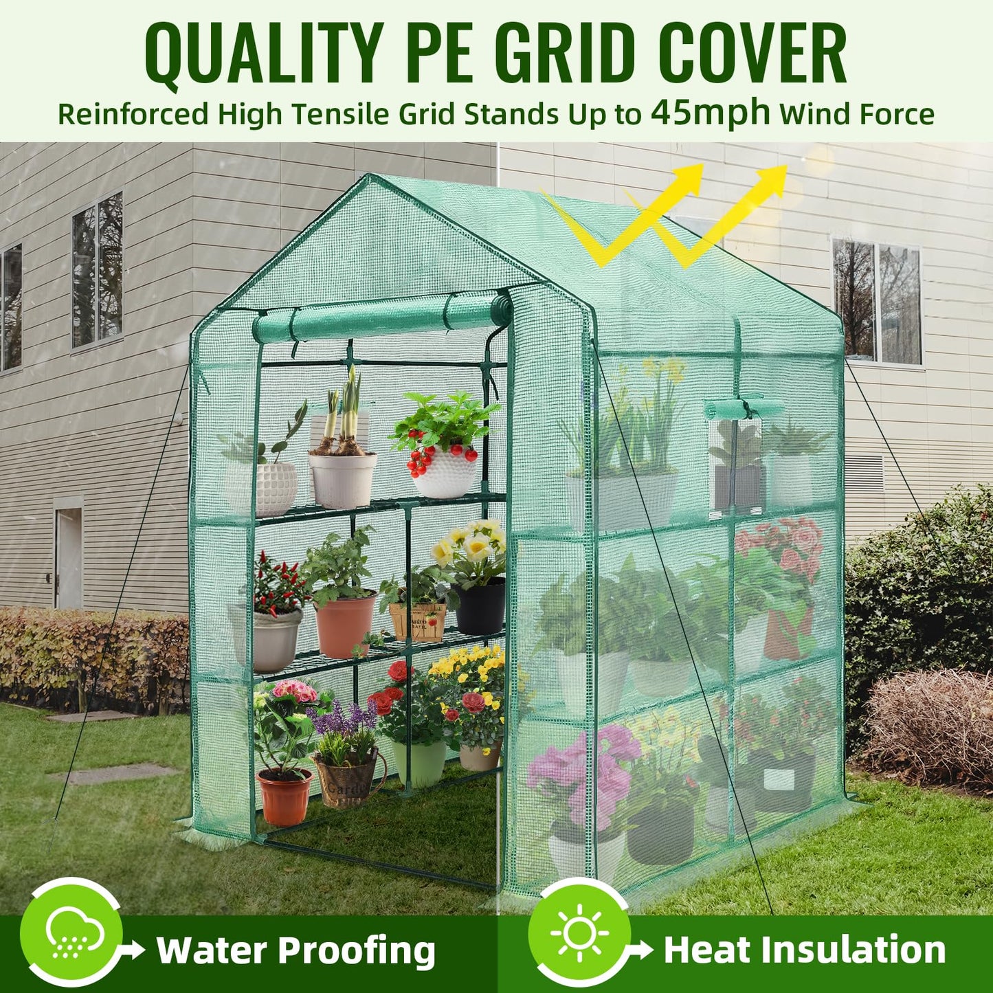 Greengro Greenhouse, 57 x 57 x 76'' Greenhouses for Outdoors, Portable Greenhouse Kit with Mesh Side Windows, PE Cover, 8 Shelves, Heavy Duty Walk in Green House for Backyard Garden Indoor Outside