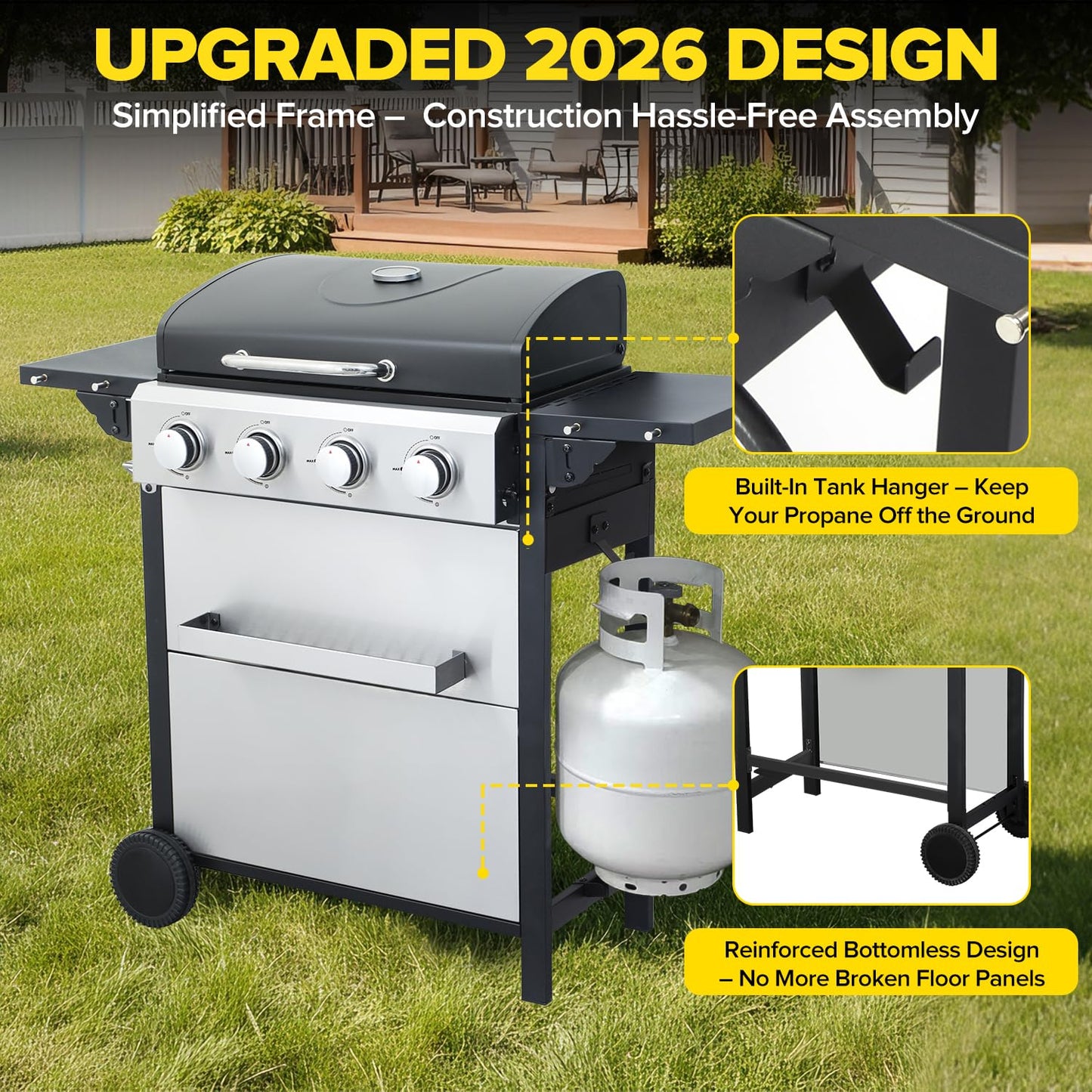 IdeaMaxx 4 Burner Gas Grill with Foldable Shelves, 40,000 BTU Stainless Steel Propane BBQ Grill, 387 Sq. In. Cooking Space, Portable Outdoor Grill for Patio, Backyard, Camping & Tailgating