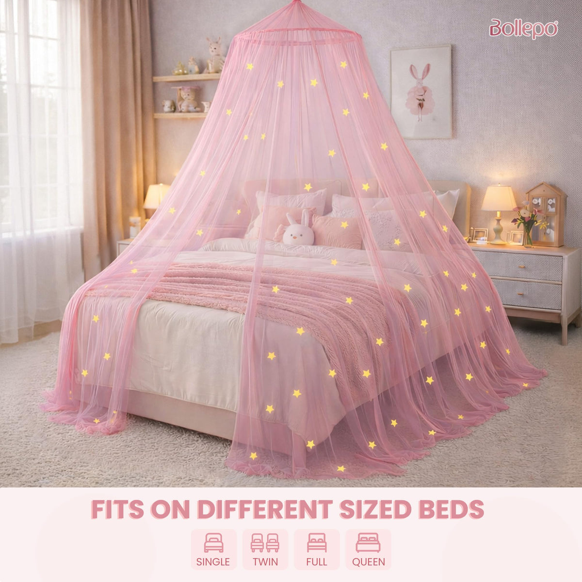 Bollepo Pink Bed Canopy for Girls with Glowing Stars - Premium Canopy Bed | Fits Single, Twin, Full, Queen Size Kids Bed, Princess Netting Room Decor, Ceiling Tent to Cover Toddler, Canopy for Bed