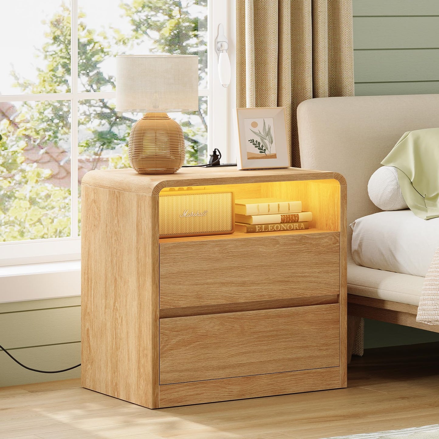TEENFON Nightstands Set of 2 with Charging Station & LED Lights, Curved Corner Bedside Table 21.7" W, 2 Drawers & Open Shelf, USB-C & USB Ports, Natural, Storage End Table for Bedroom/Living Room