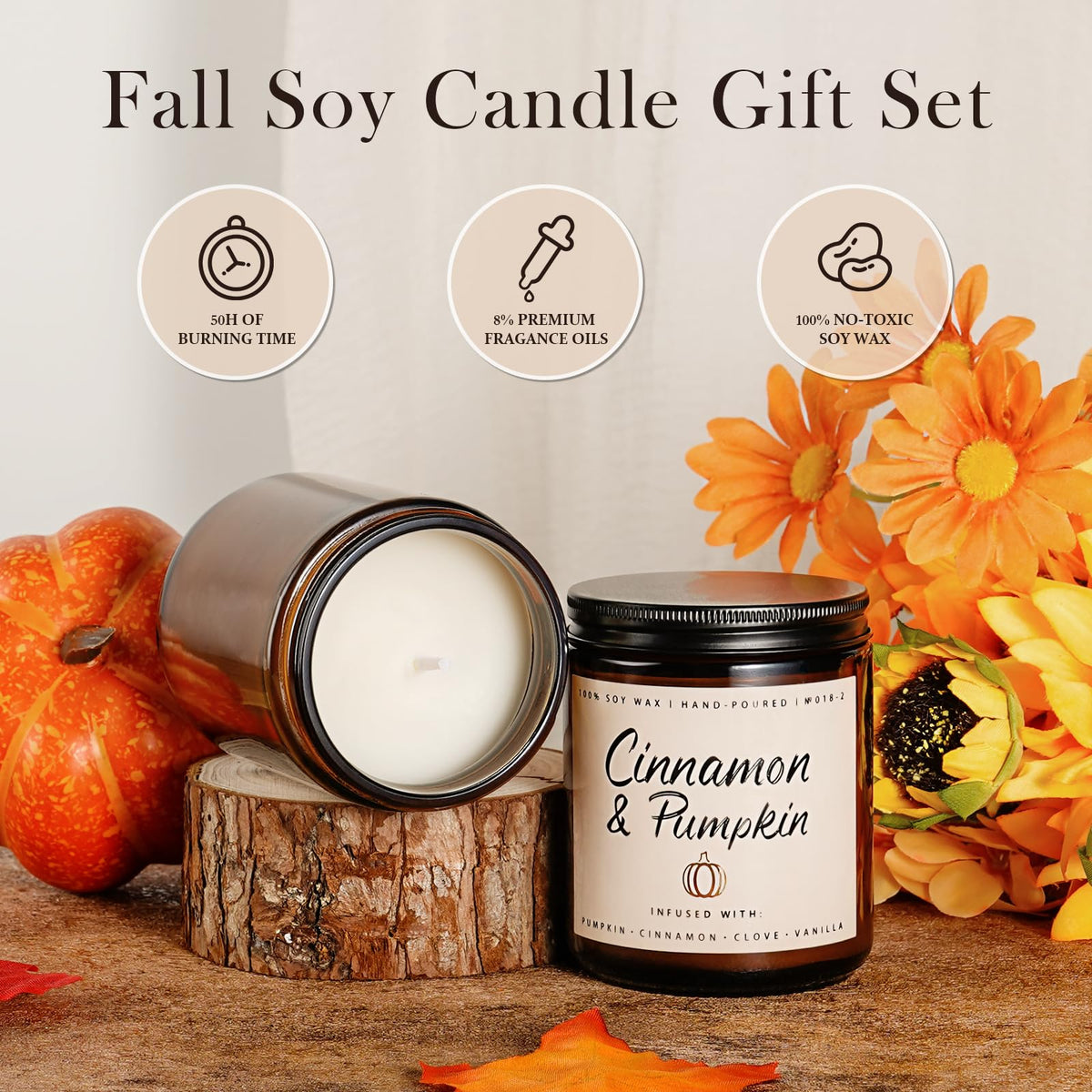 Auelife Fall Candle Set | 4 Pack Scented Candles for Home - Candle Gifts for Women Men, Soy Candles Home Scented | Autumn Fragrance of - Apple Pie/Cinnamon/Harvest/Wreath
