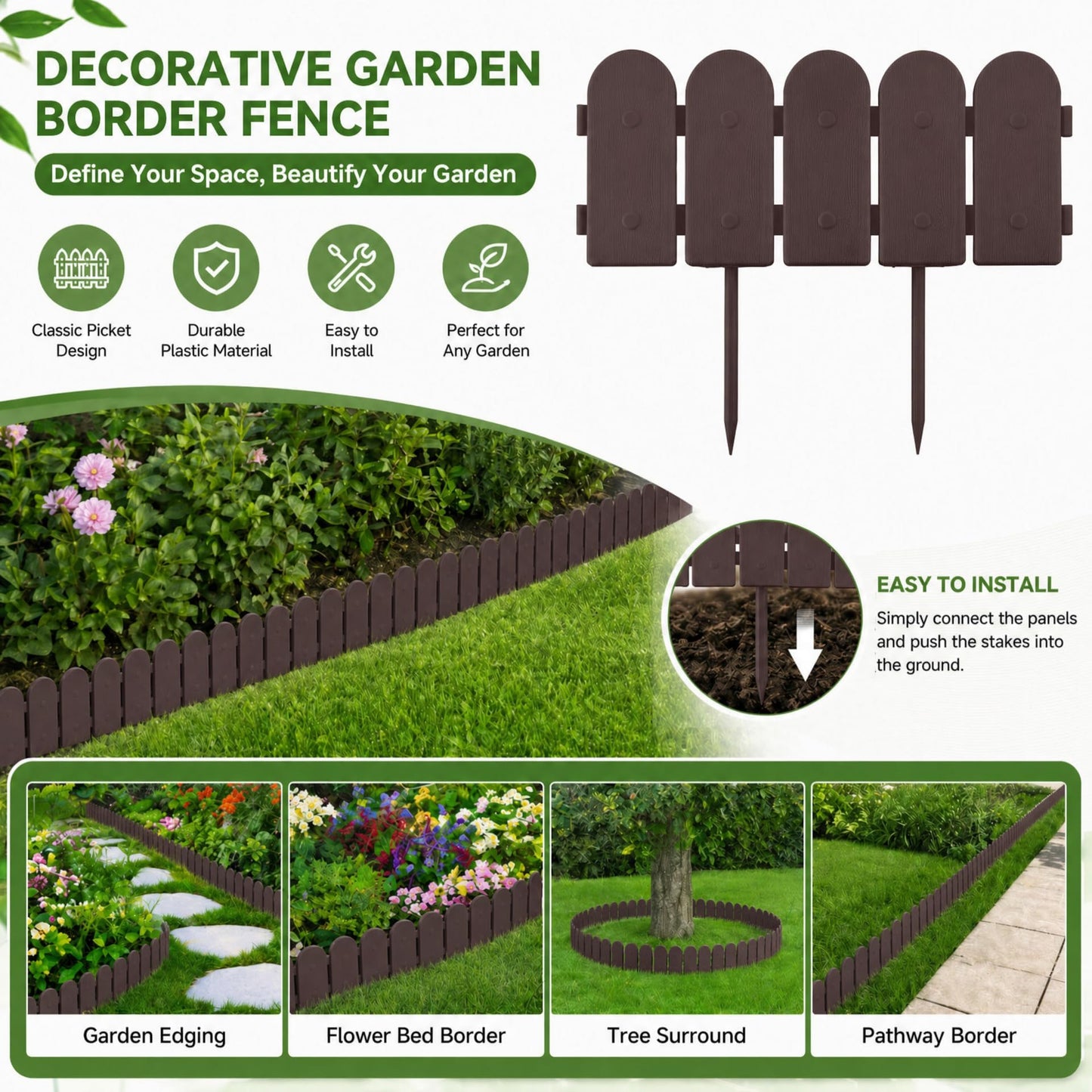 Evelyne Garden Border Plastic Edging: Wooden Fence Design - 8pcs Brown Yard Landscaping Fence Liner Lawn Edge Barrier - 10ft Kit of Decorative Lawn Panels Elements -Landscaping Edging-GMT-10374-A08