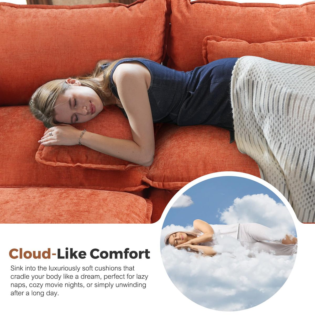 ABCASA 113" Oversized Cloud Couch Modular Sectional Couches for Living Room, Large 6-Seat Deep Seat Sleeper Sofa Bed Modern Sofa with Movable Ottoman and Throw Pillows for Apartment - Chenille Orange