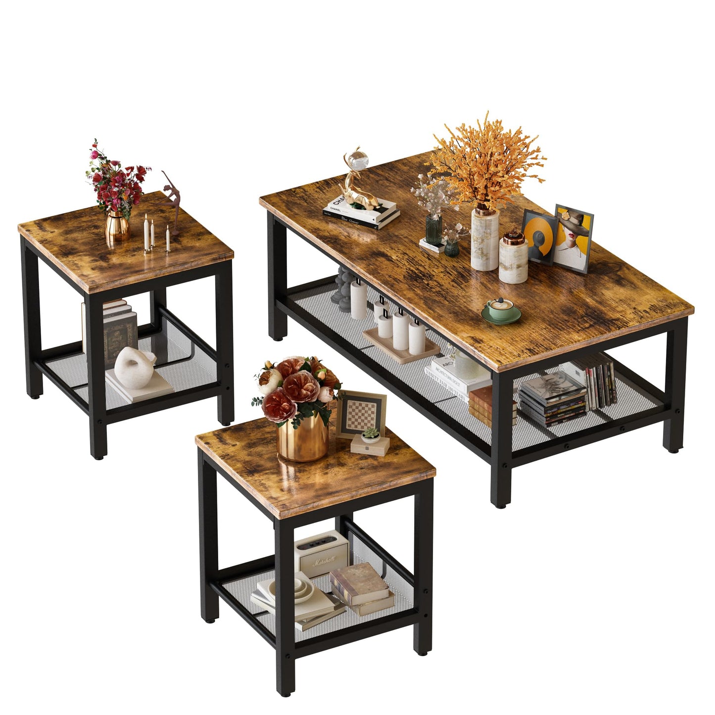 AWQM Coffee Table Industrial Coffee Table with 2 Square End Side Tables, Modern Living Room Table Set with Metal Frame for Apartment Home Office, Rustic Brown Set001
