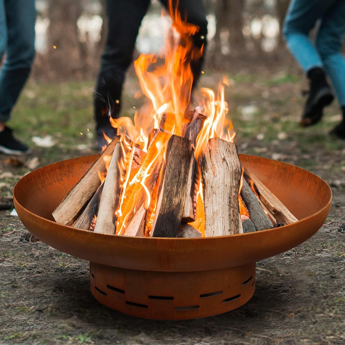 KOL Fire Pit for Outside Wood Burning, 35.5 Inch Large Round Firepit Bowl Outdoor and Patio, Heavy-Duty Bonfire Pit Oxidized Finish, Free-Standing, Camping Backyard Terrace