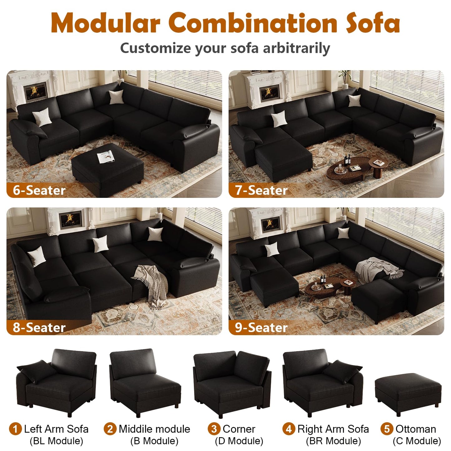 EASE MOOSE Oversized Modular Sectional Sofa, Waterproof & Scratch-Resistant Faux Leather Sofa with Deep Seat, Comfy L-Shaped Sofa with Storage Ottoman, Sectional Couches for Living Room, Black