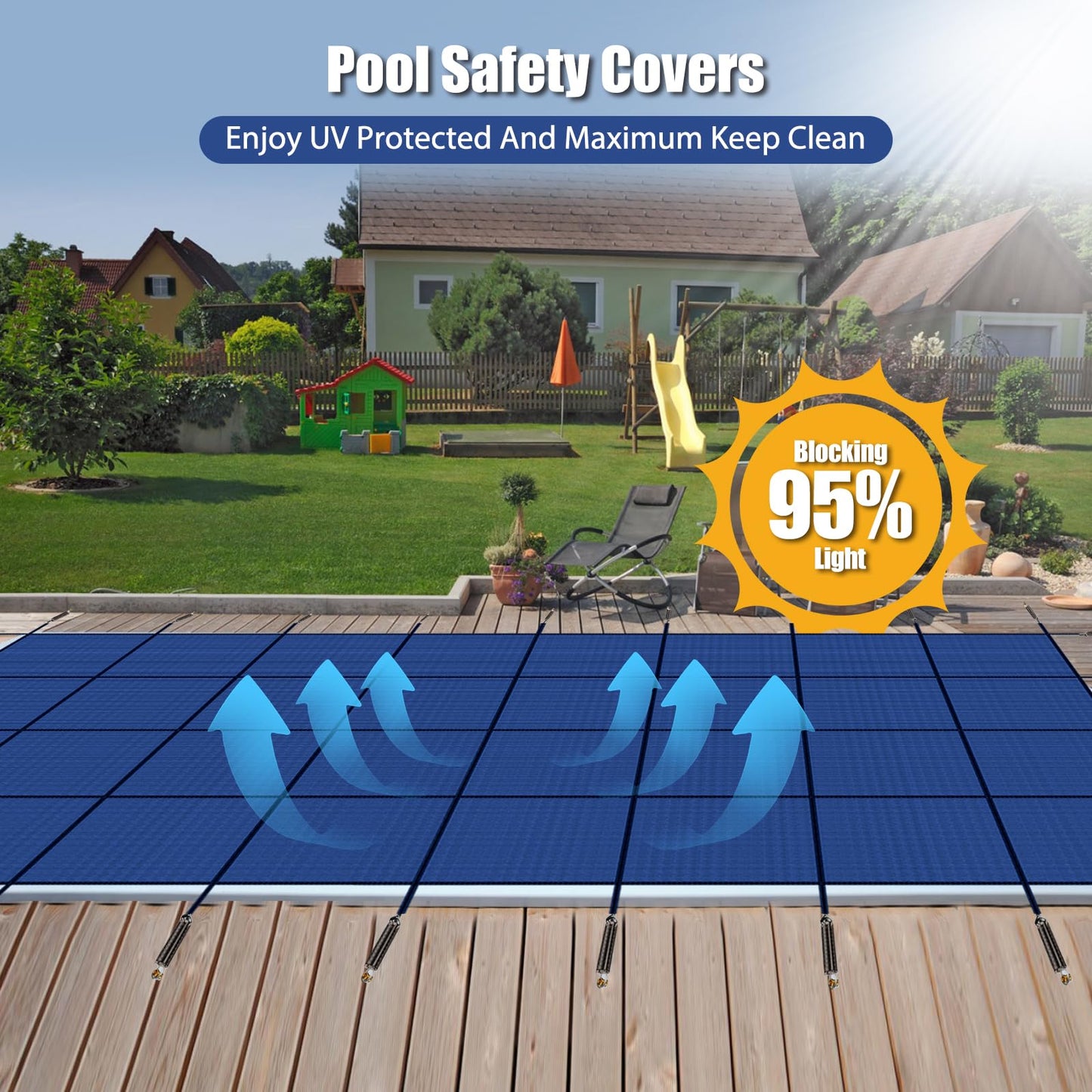 Inground Pool Safety Covers, Rectangular Winter Pool Cover for Swimming Pools, High Strength Mesh PP, Included Installation Tools (Blue, Fit 16x32ft Pools)