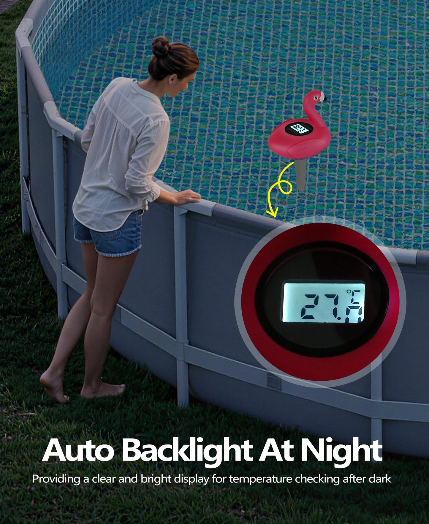 PoolLeader 2026 Flamingo Pool Thermometer Solar-Powered | Auto Backlight for Easy Night Read | Pool Temperature Thermometer with Rope | Floating Pools Temperature Gauge for Hot tub- All Round Year Use