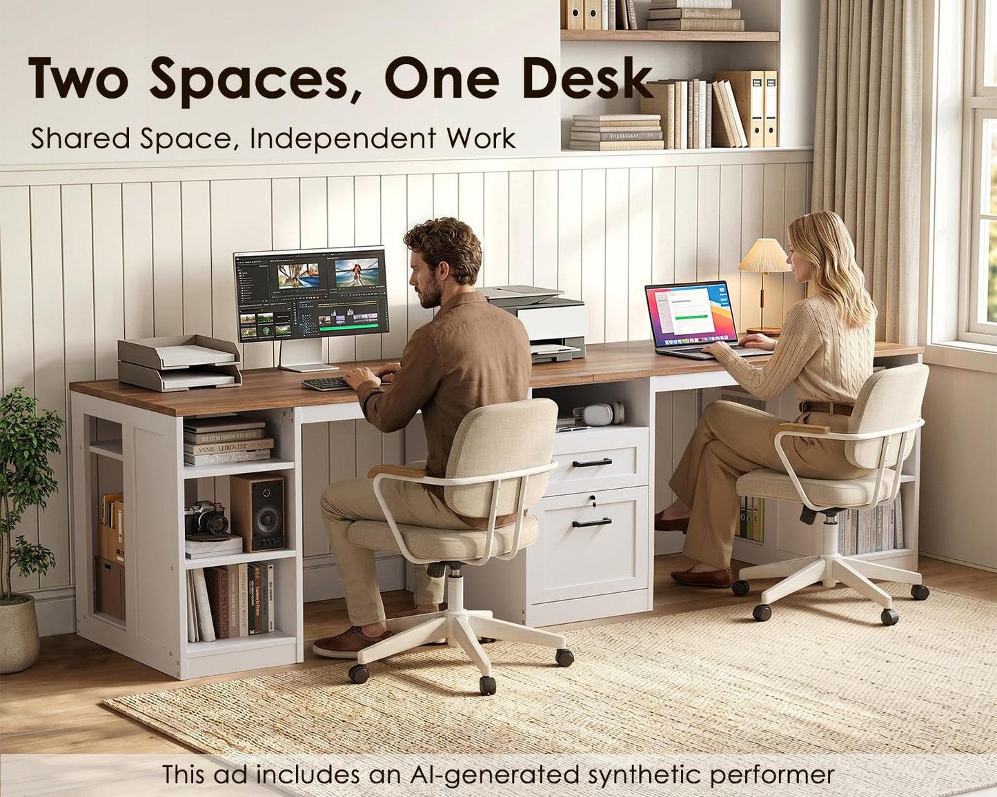 OffiGo Farmhouse 95.3 Inch Two Person Computer Desk, Walnut+ White