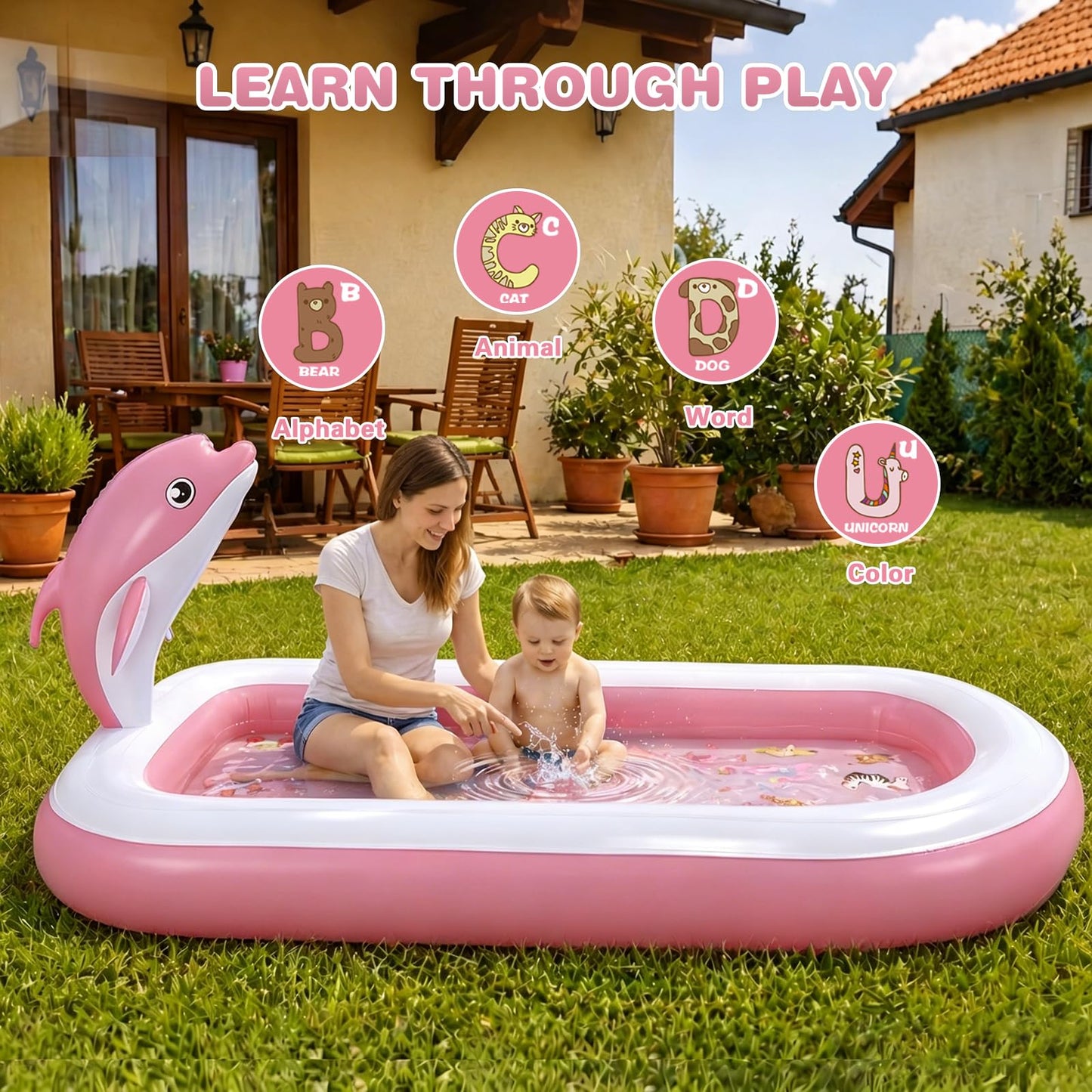 Splash Pads for Toddlers 1-3, Dolphin Toy Sprinkler for Kids, Outdoor Play Mat for Babies, 68" Backyard Inflatable Kiddie Pool, Splash Pad for Kids Ages 4-8, Birthday Gifts for 1 Year Old Boy Girl