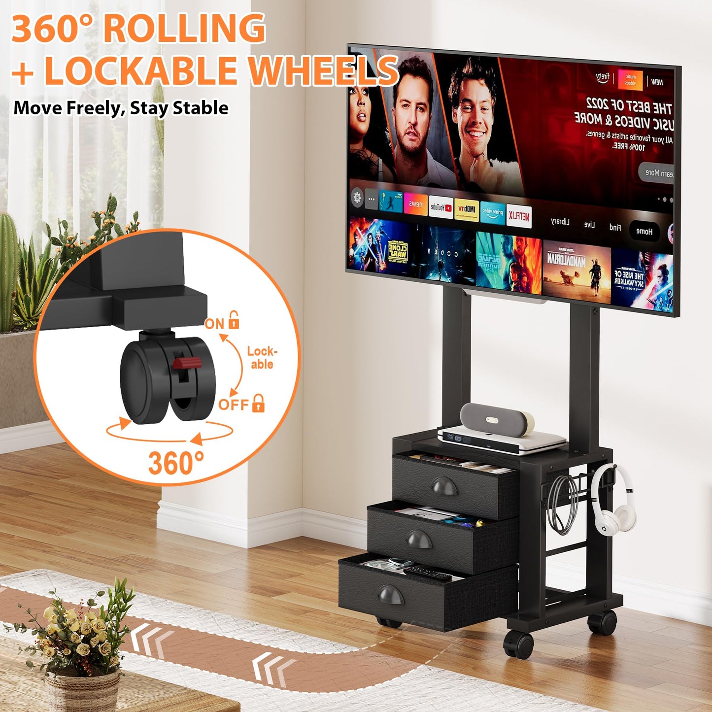 Rolling TV Stand with 3 Drawers for 23-60 Inch TVs with Storage